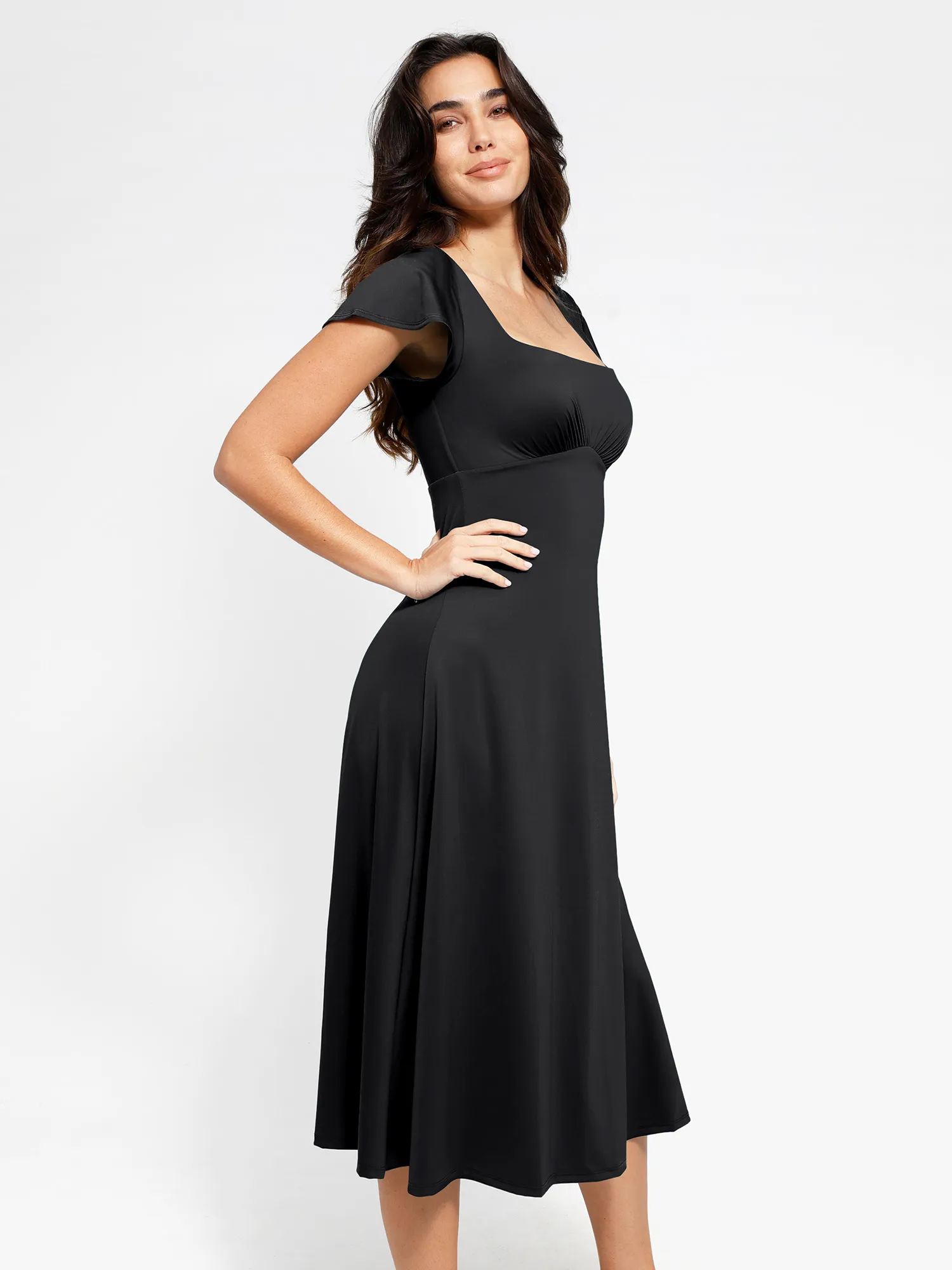 Popilush Shapewear Flutter Sleeve Sculpting A-Line Midi Dress - Image 11