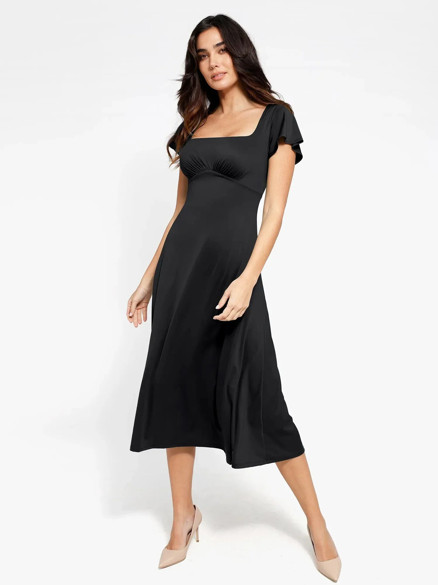 Popilush Shapewear Flutter Sleeve Sculpting A-Line Midi Dress - Image 13