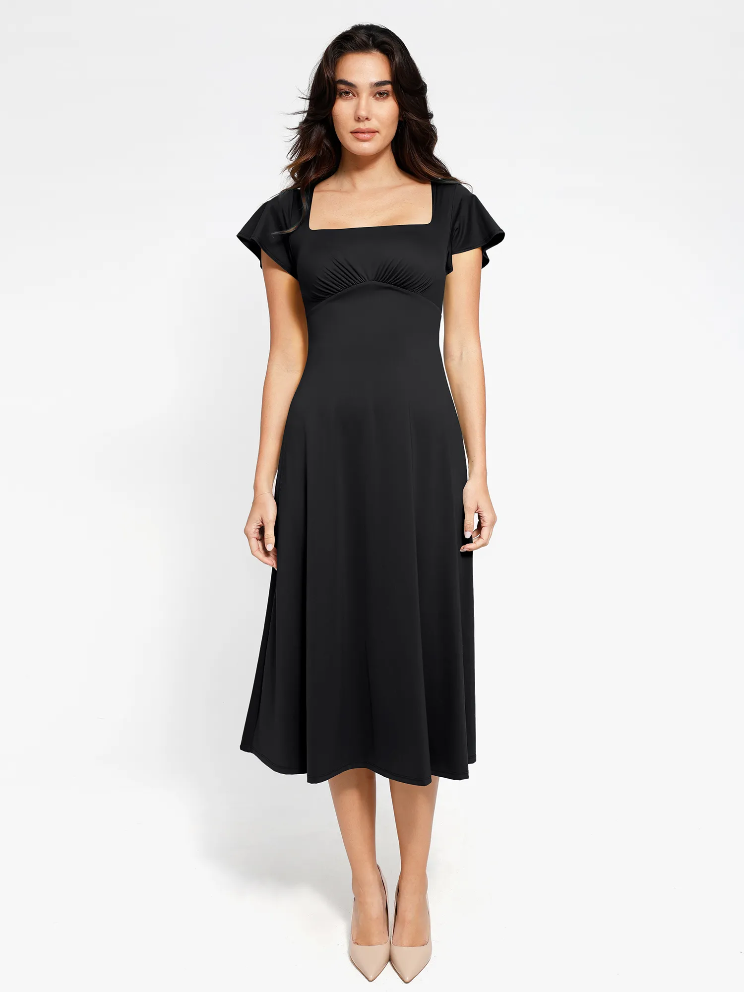 Popilush Shapewear Flutter Sleeve Sculpting A-Line Midi Dress - Image 9