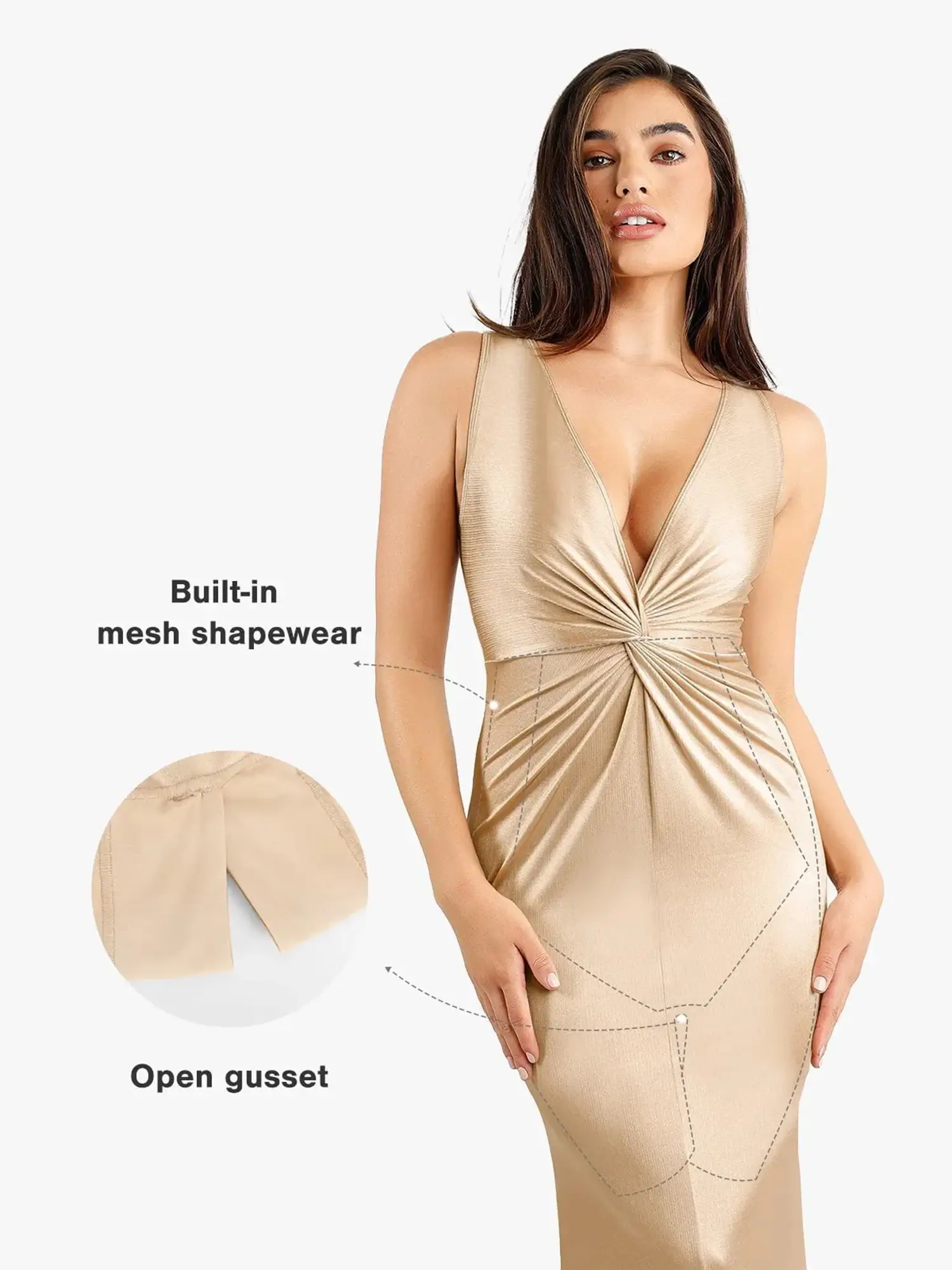 Popilush Shapewear Shine Deep V-Neck Bias Twist Hourglass Maxi Dress - Image 2