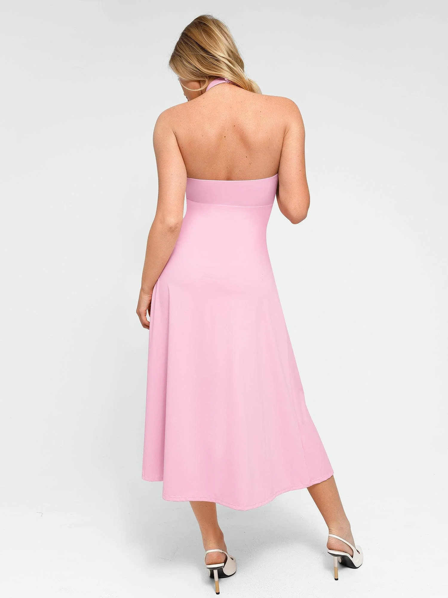 Popilush Shapewear Sculpting Backless Halter A-Line Midi Dress - Image 5