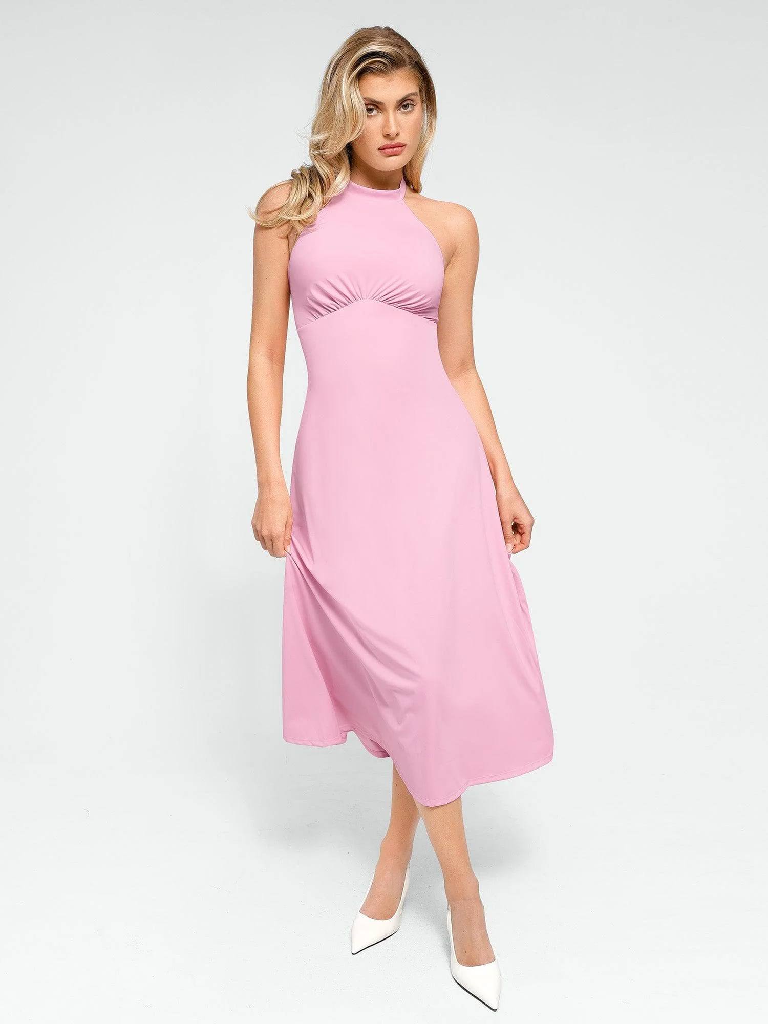 Popilush Shapewear Sculpting Backless Halter A-Line Midi Dress - Image 6