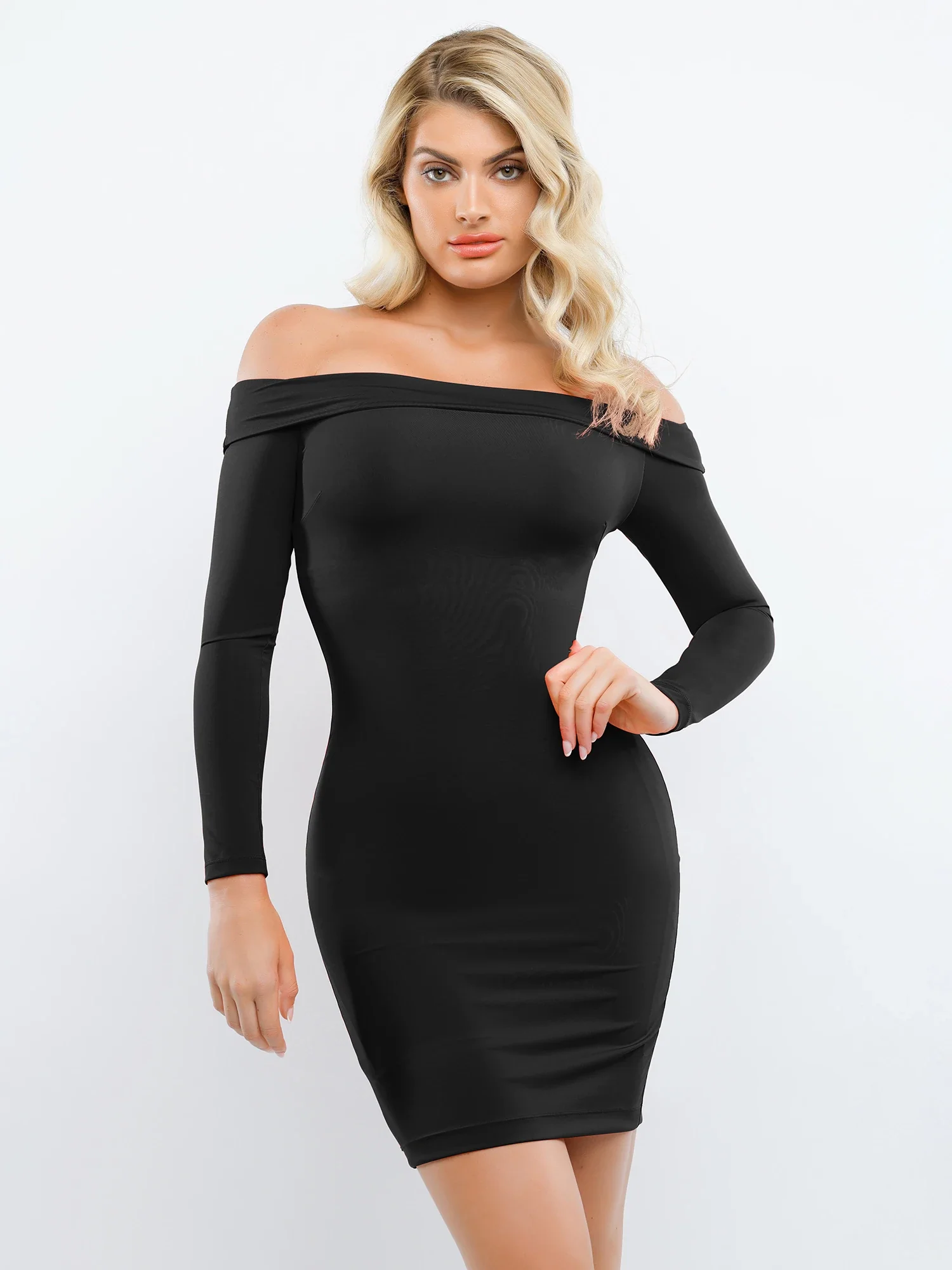 Popilush Shapewear Long Sleeve Off-the-Shoulder Bodycon Mini Dress