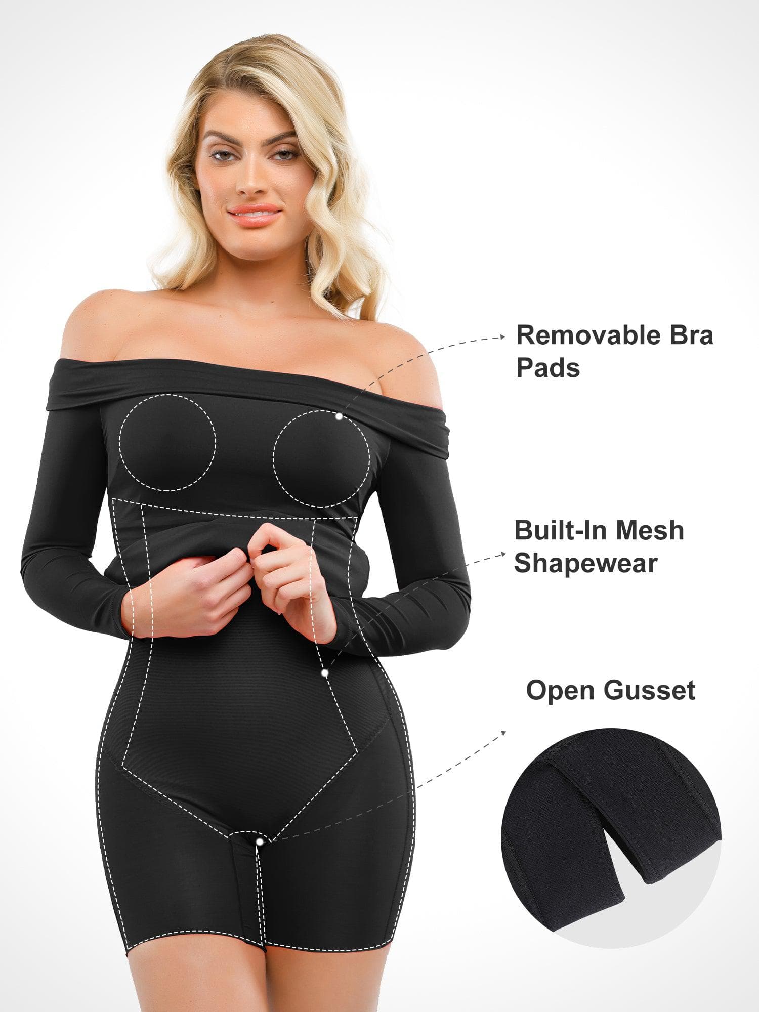 Popilush Shapewear Long Sleeve Off-the-Shoulder Bodycon Mini Dress - Image 2