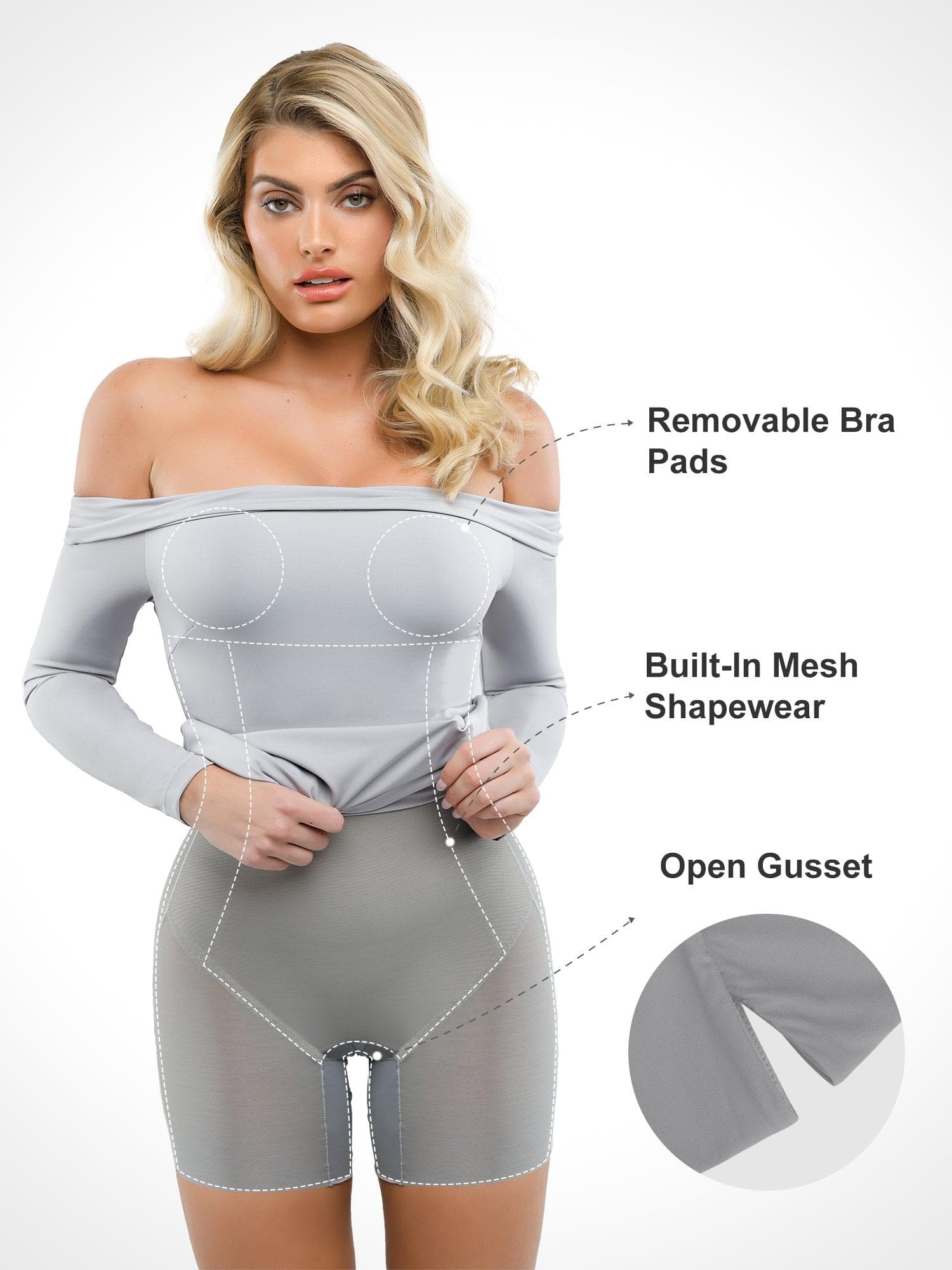 Popilush Shapewear Long Sleeve Off-the-Shoulder Bodycon Mini Dress - Image 8