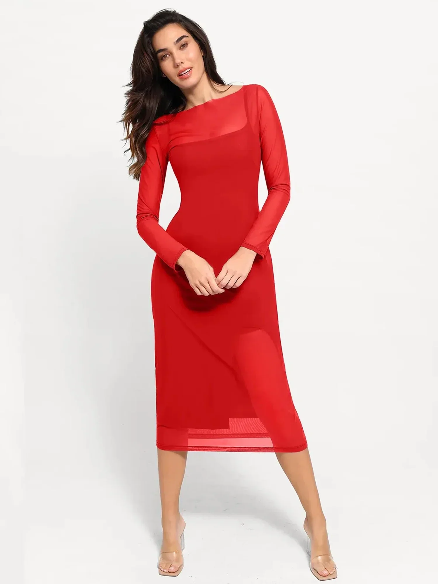 Popilush Shapewear Slimming Midi Dress and Sheer Mesh Overlay Set - Image 17