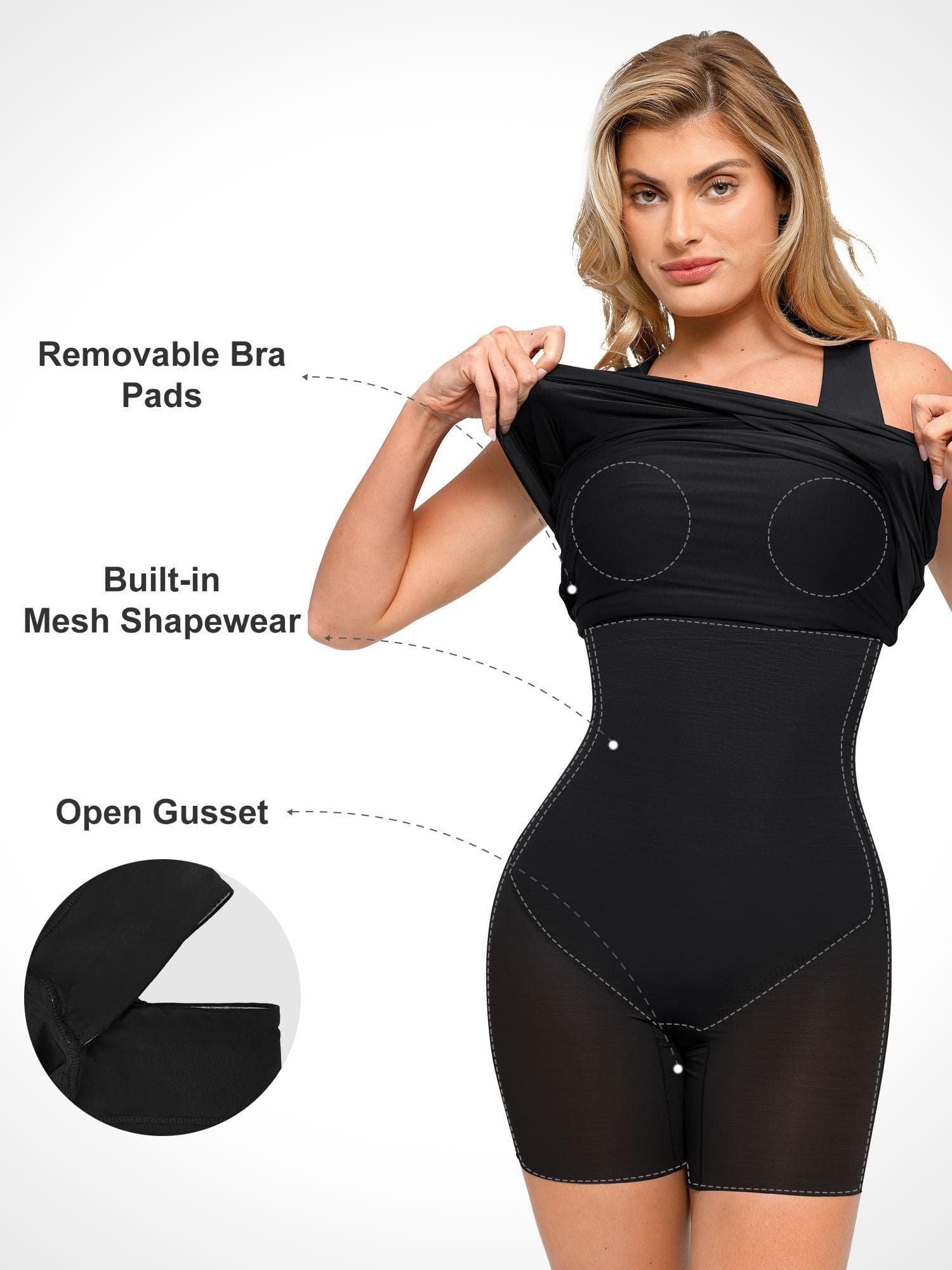 Popilush Shapewear Square Neck Sleeveless Ruched Bodycon Mini Dress - Image 7