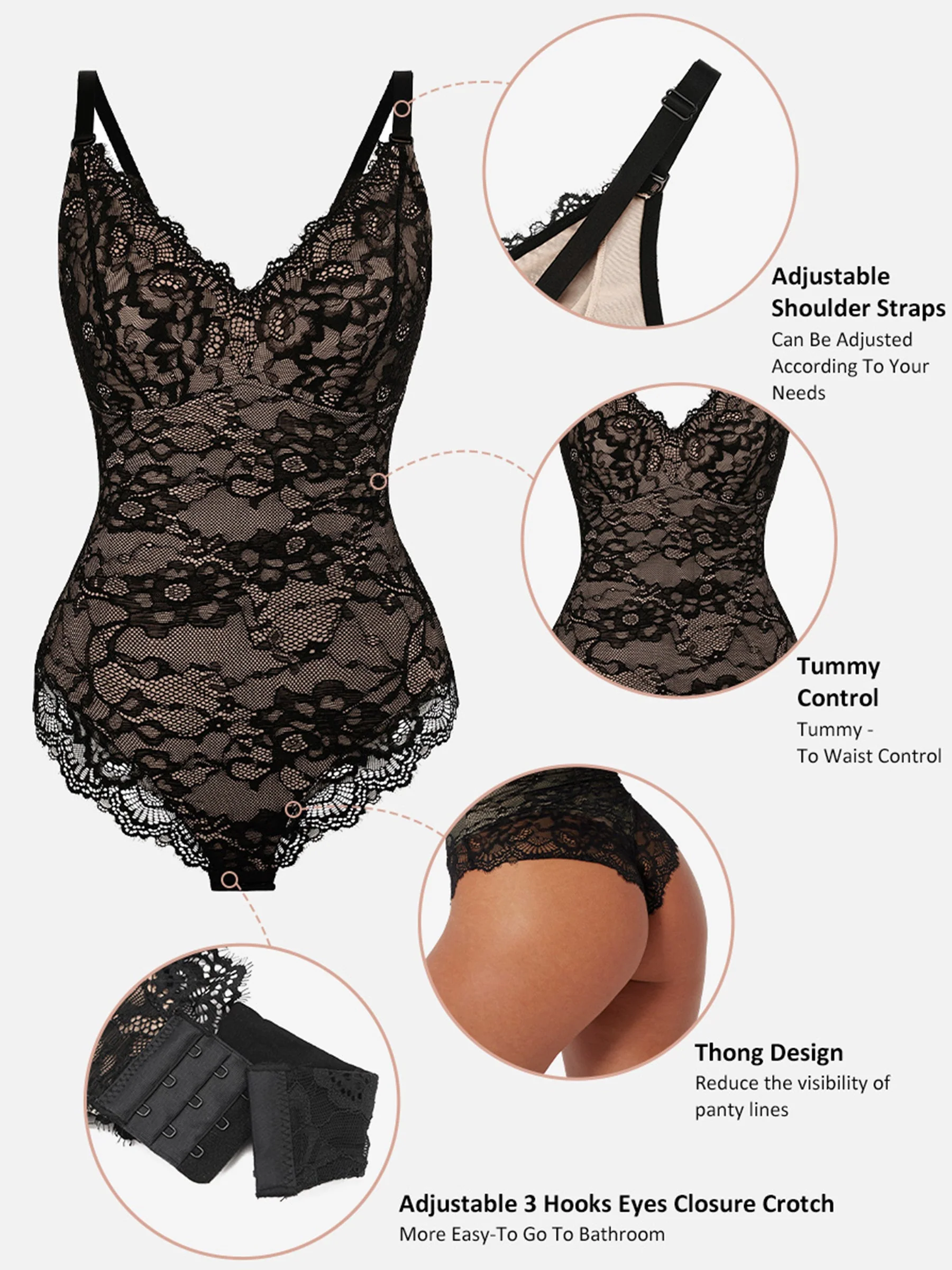 Feelingirl Lace V Neck Full Thong Bodysuit - Image 3