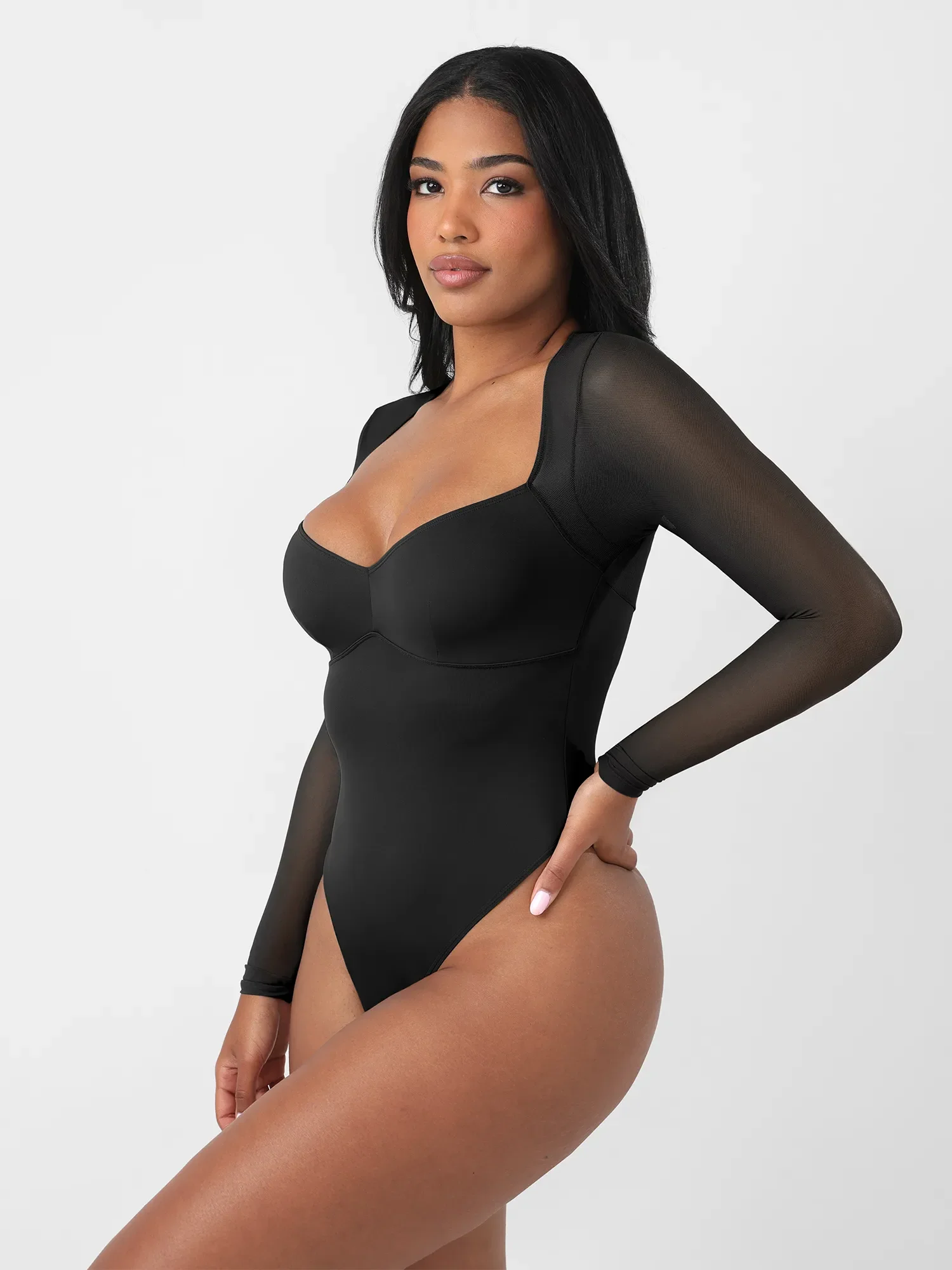 Feelingirl Mesh Panel V-Neck Thong Bodysuit - Image 2