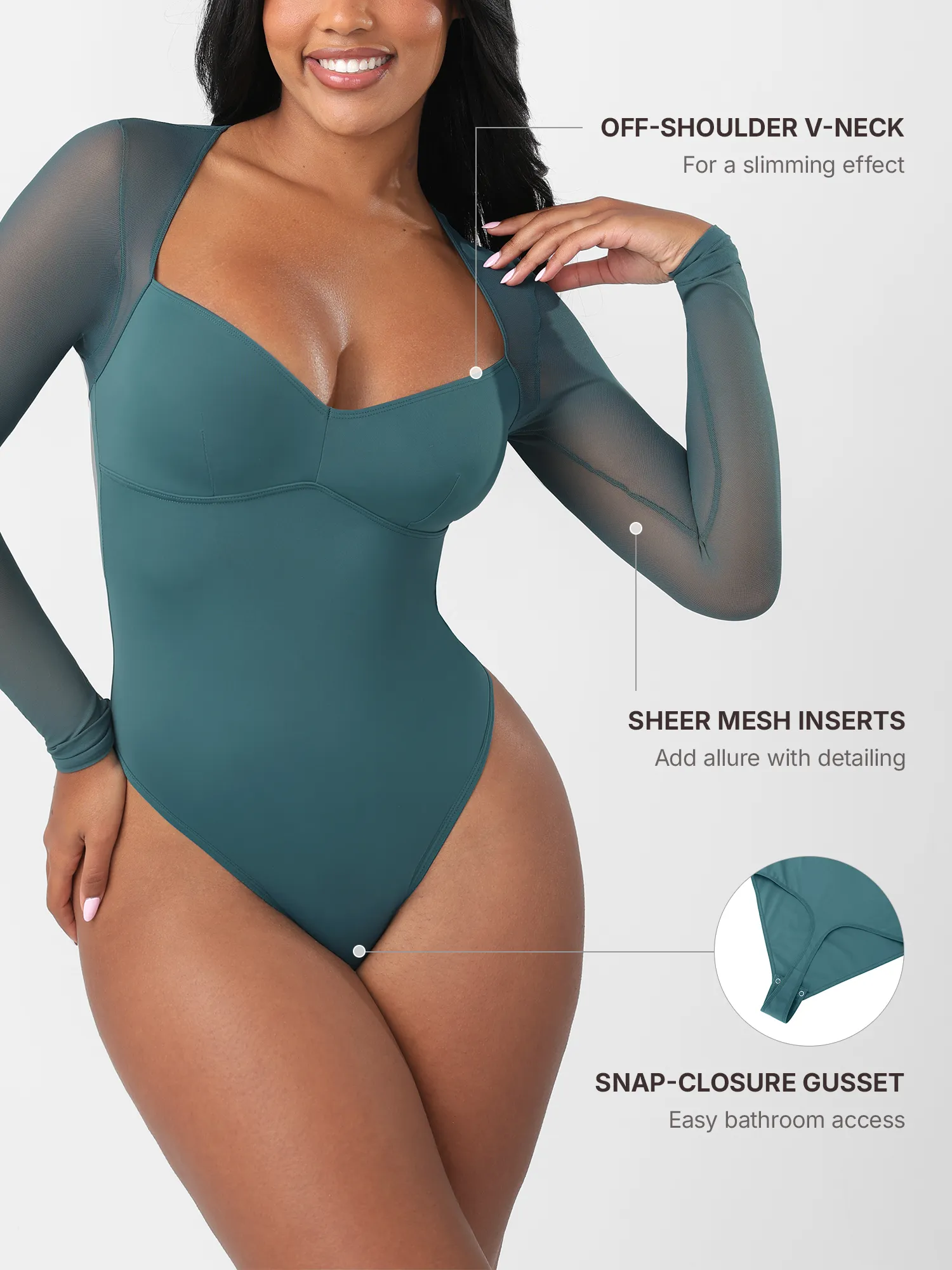 Feelingirl Mesh Panel V-Neck Thong Bodysuit - Image 21