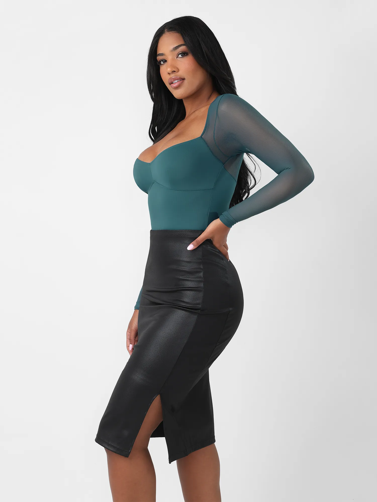 Feelingirl Mesh Panel V-Neck Thong Bodysuit - Image 23