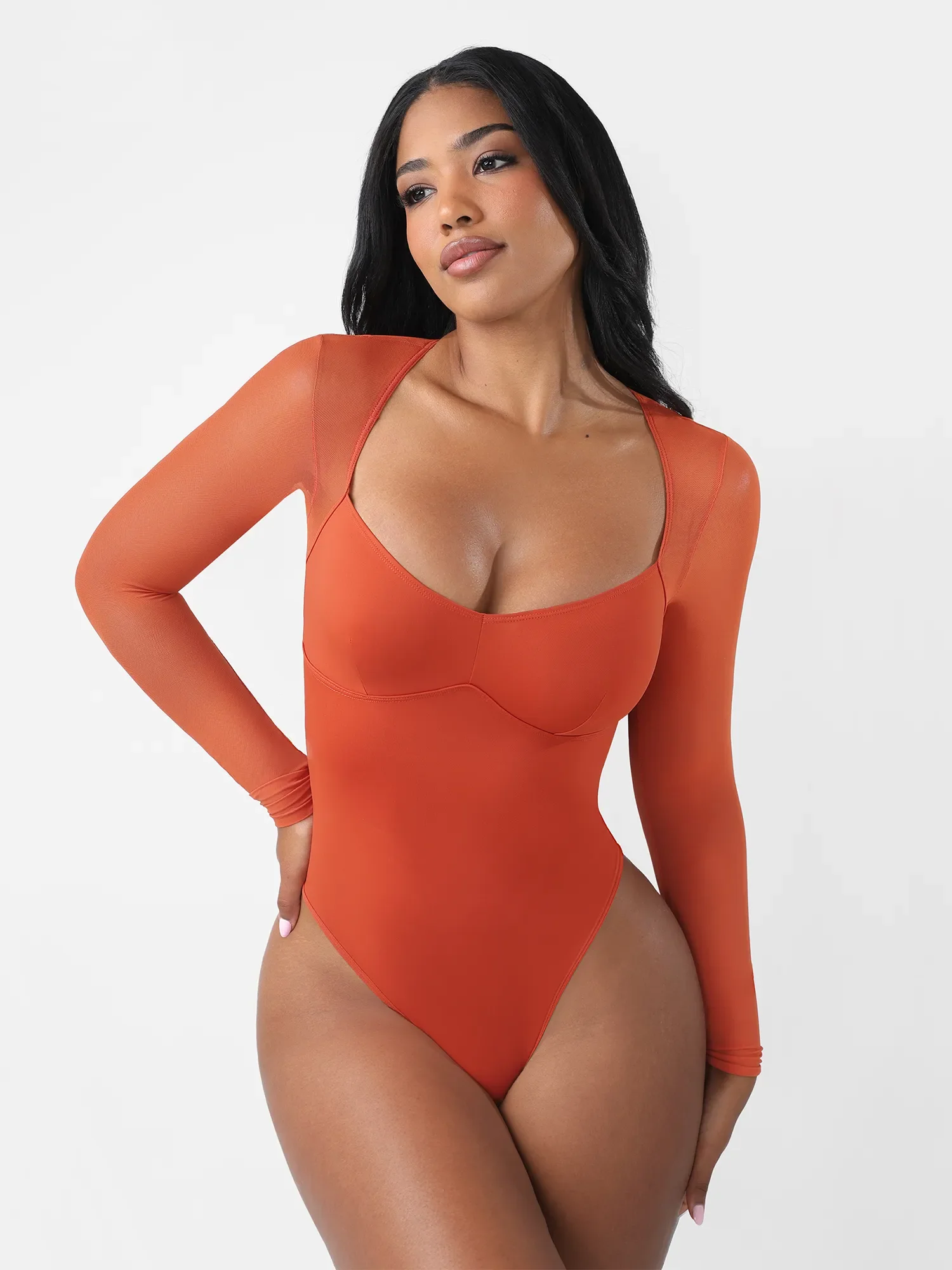 Feelingirl Mesh Panel V-Neck Thong Bodysuit - Image 9