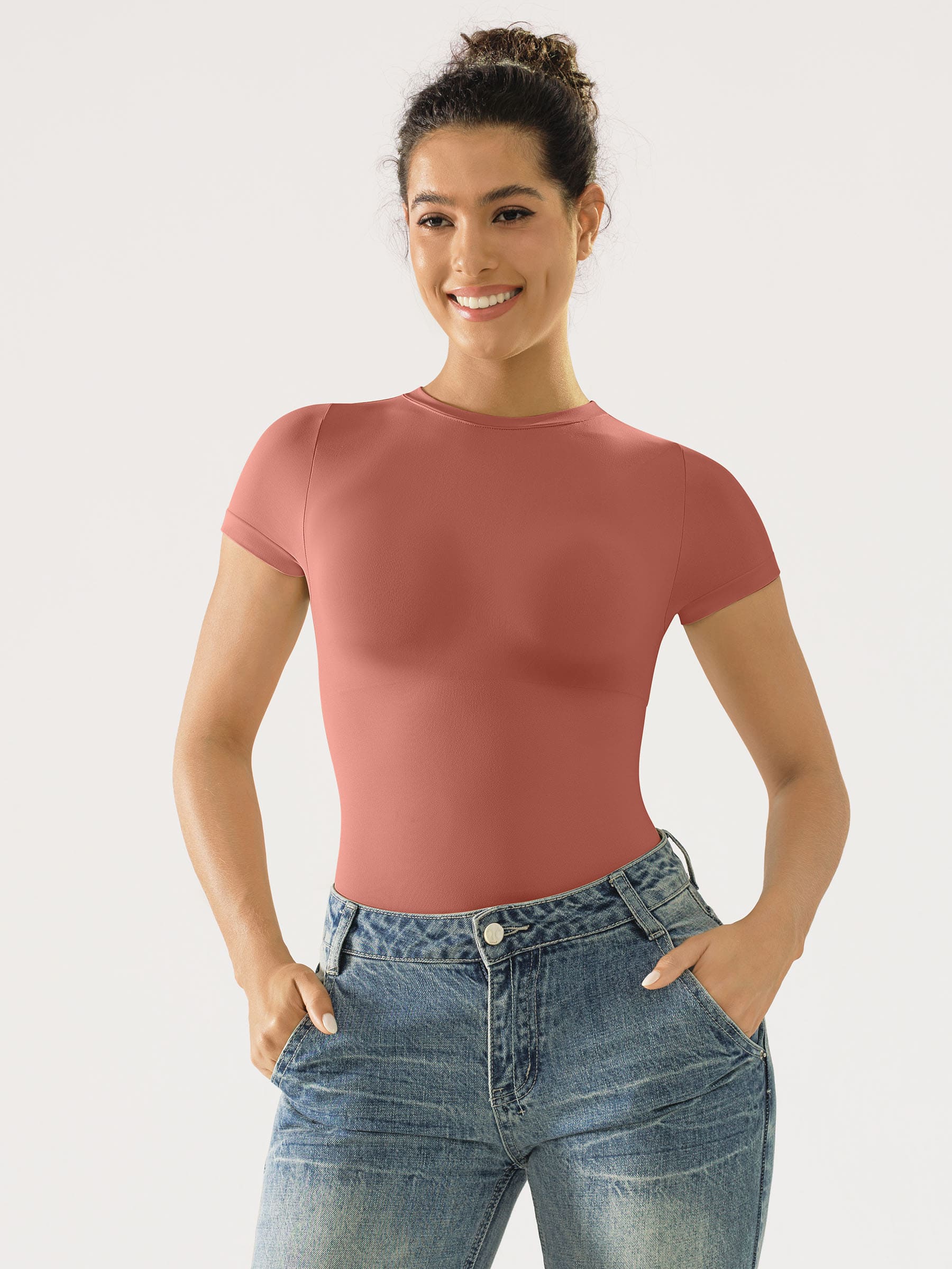 Feelingirl Seamless Bodysuit Smooth Soft Fabric Crew Neck Short Sleeve - Image 13
