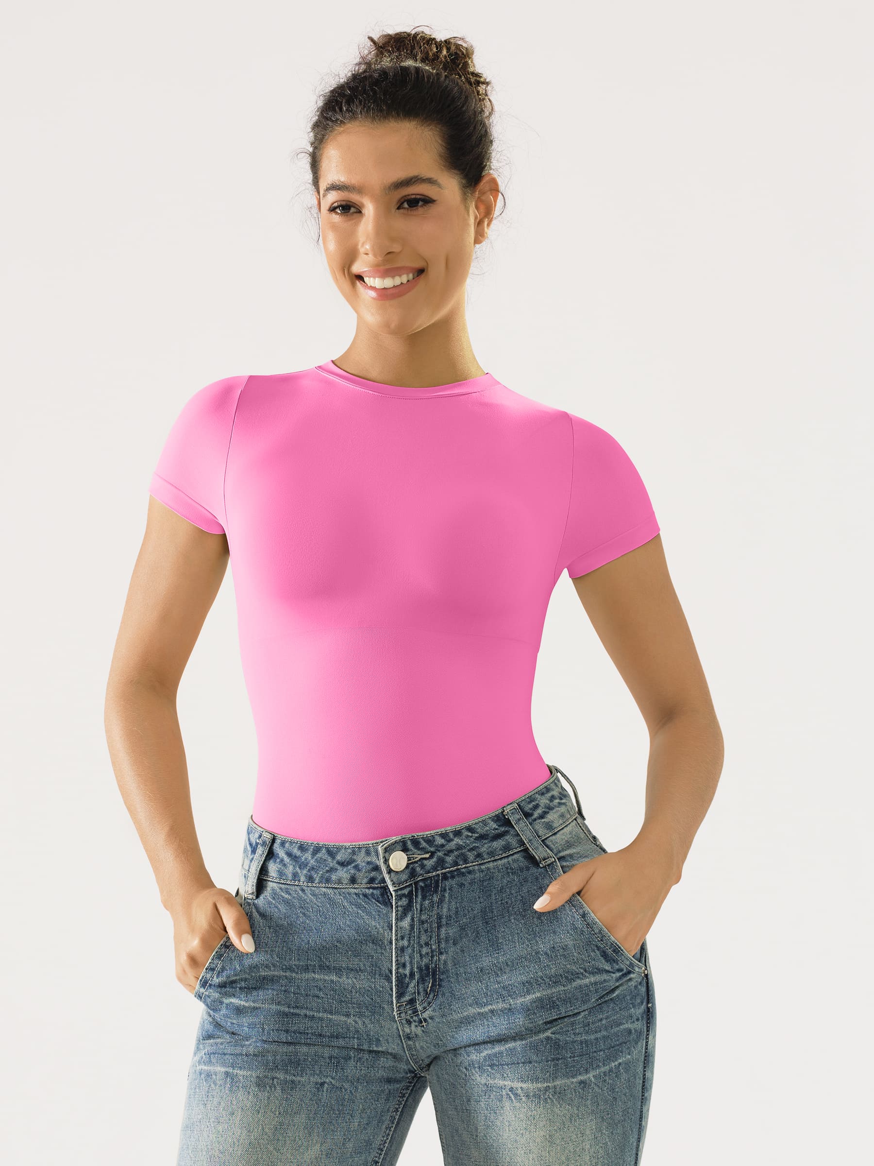 Feelingirl Seamless Bodysuit Smooth Soft Fabric Crew Neck Short Sleeve - Image 19