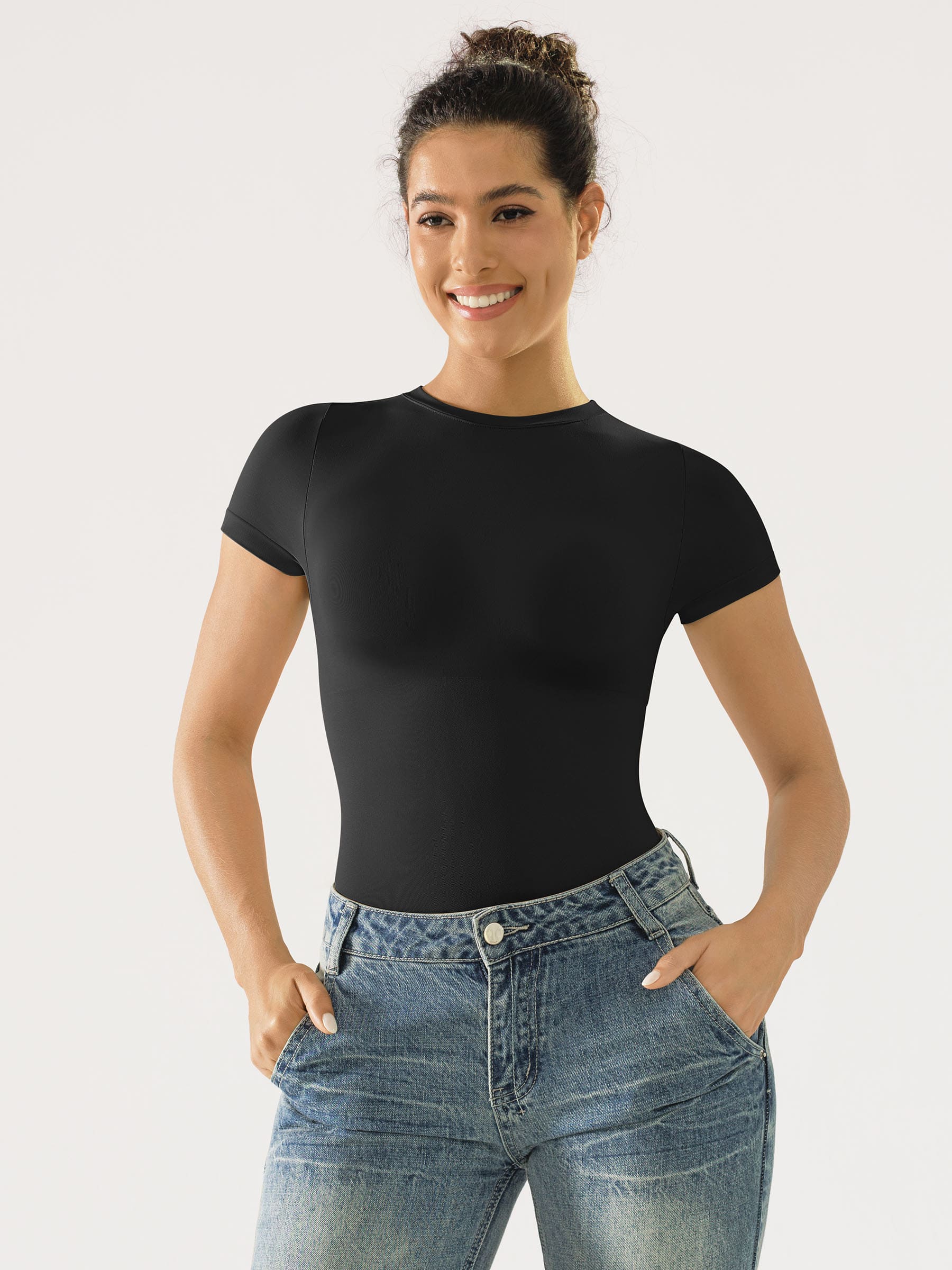 Feelingirl Seamless Bodysuit Smooth Soft Fabric Crew Neck Short Sleeve - Image 26
