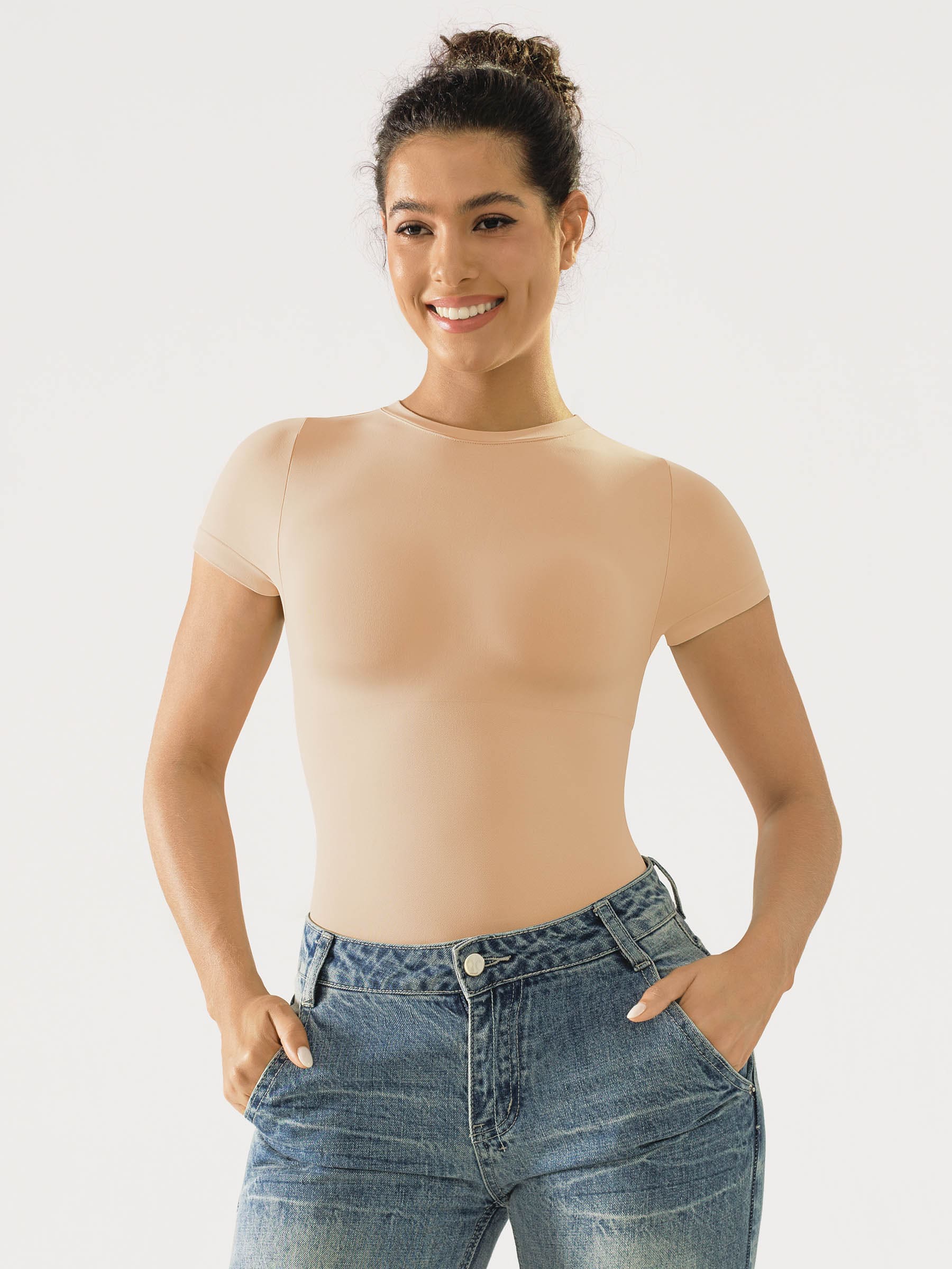 Feelingirl Seamless Bodysuit Smooth Soft Fabric Crew Neck Short Sleeve - Image 5