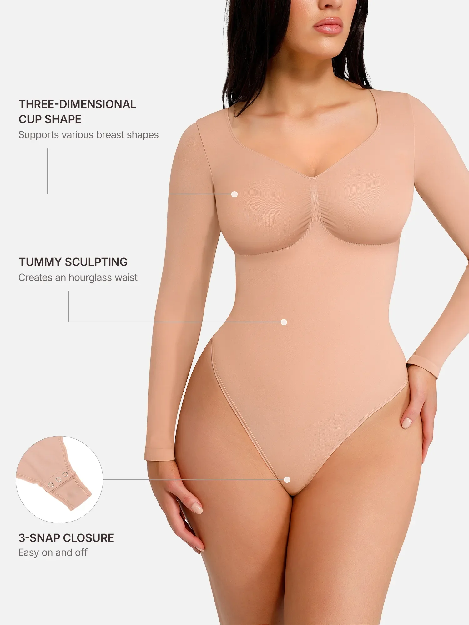 Feelingirl Seamless Long Sleeve Chest Support Tummy Control Thong Bodysuit - Image 16