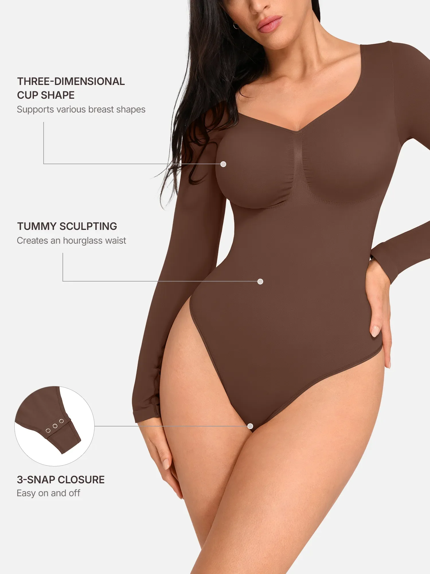 Feelingirl Seamless Long Sleeve Chest Support Tummy Control Thong Bodysuit - Image 29