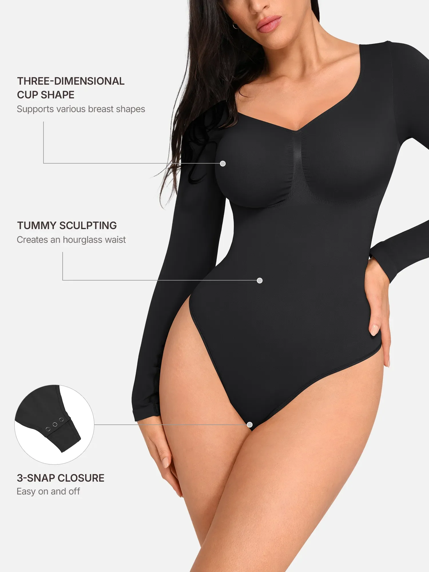 Feelingirl Seamless Long Sleeve Chest Support Tummy Control Thong Bodysuit - Image 38