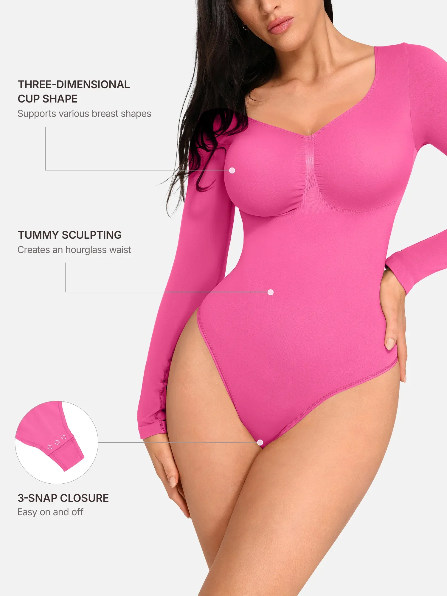 Feelingirl Seamless Long Sleeve Chest Support Tummy Control Thong Bodysuit - Image 46