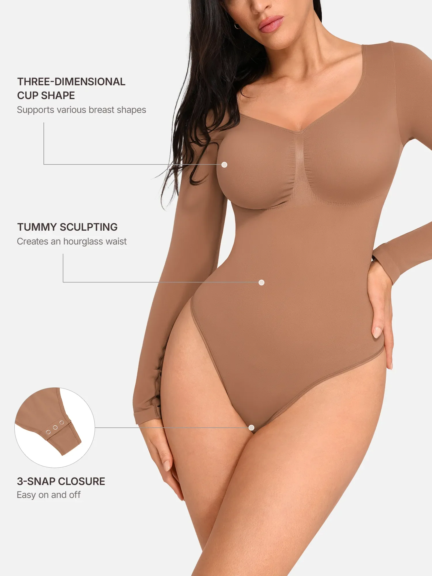 Feelingirl Seamless Long Sleeve Chest Support Tummy Control Thong Bodysuit - Image 5