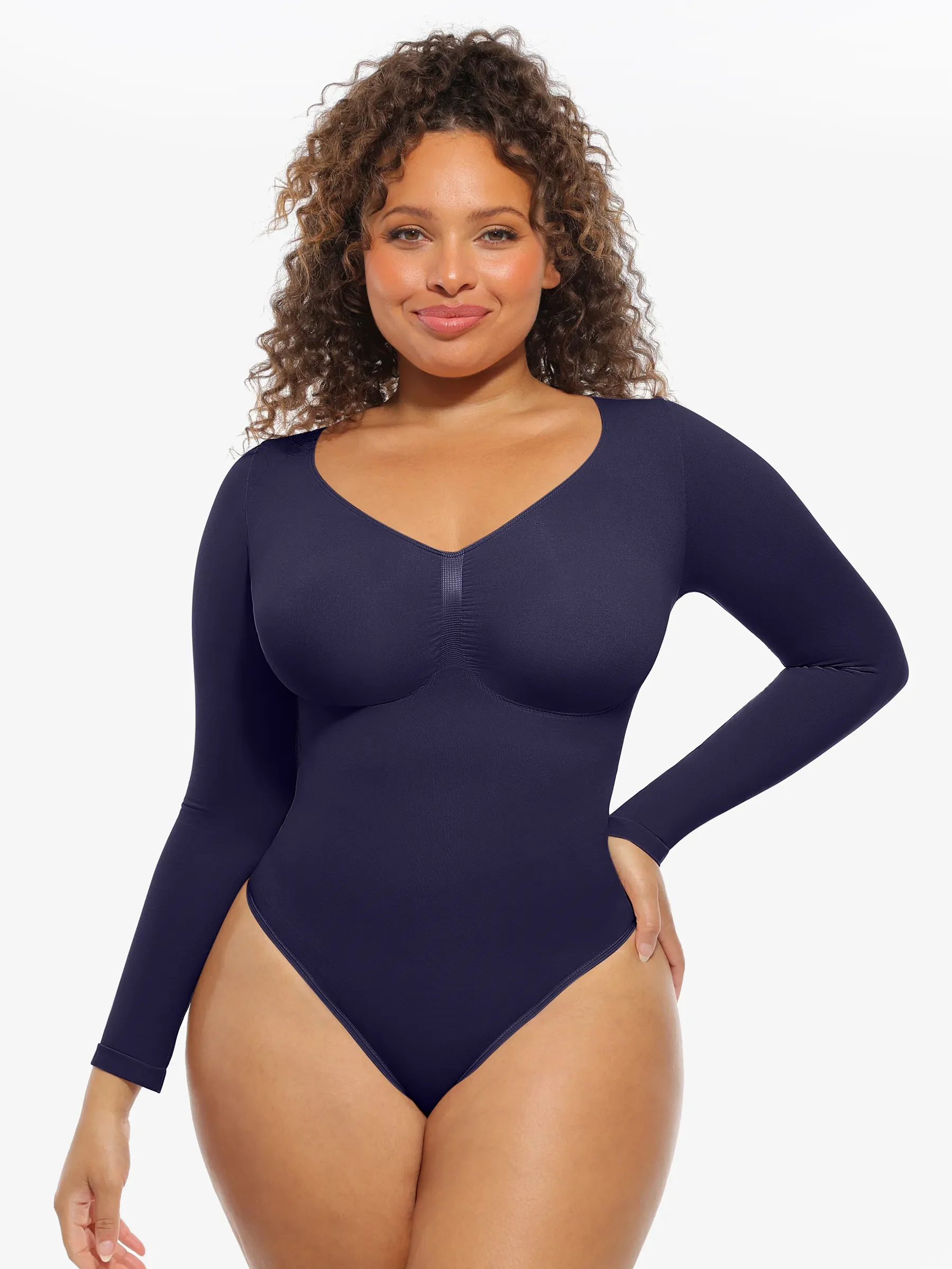 Feelingirl Seamless Long Sleeve Chest Support Tummy Control Thong Bodysuit - Image 63