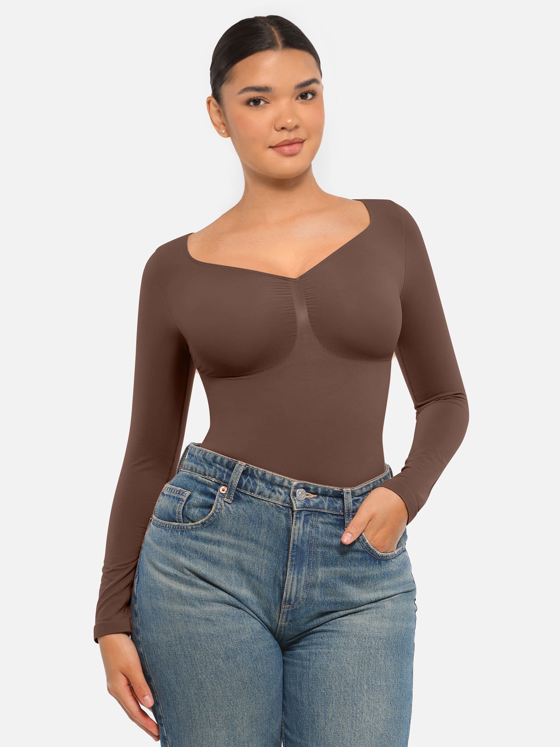 Feelingirl Seamless Long Sleeve Tummy Control Thong Bodysuit - Image 35
