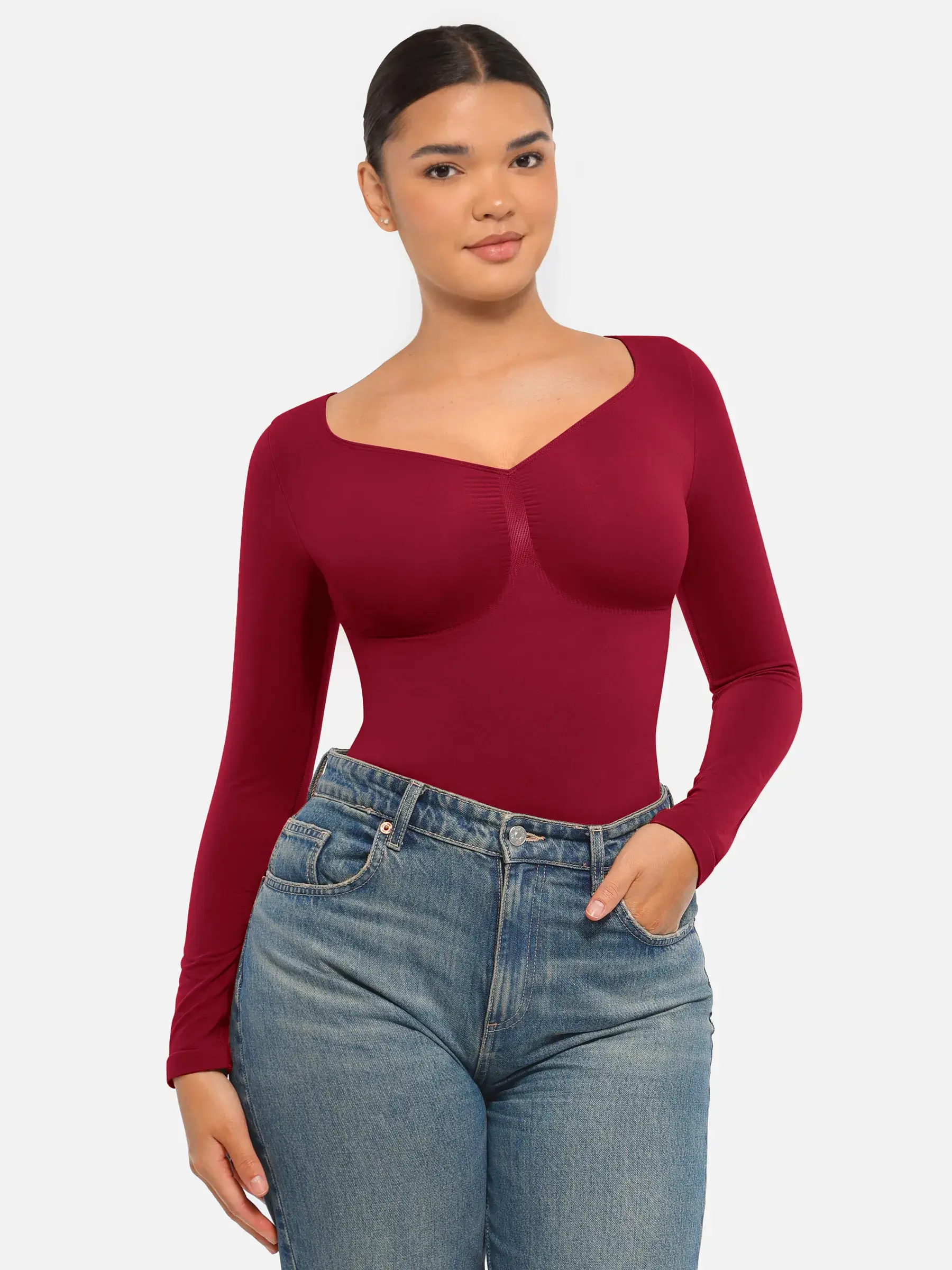 Feelingirl Seamless Long Sleeve Tummy Control Thong Bodysuit - Image 71