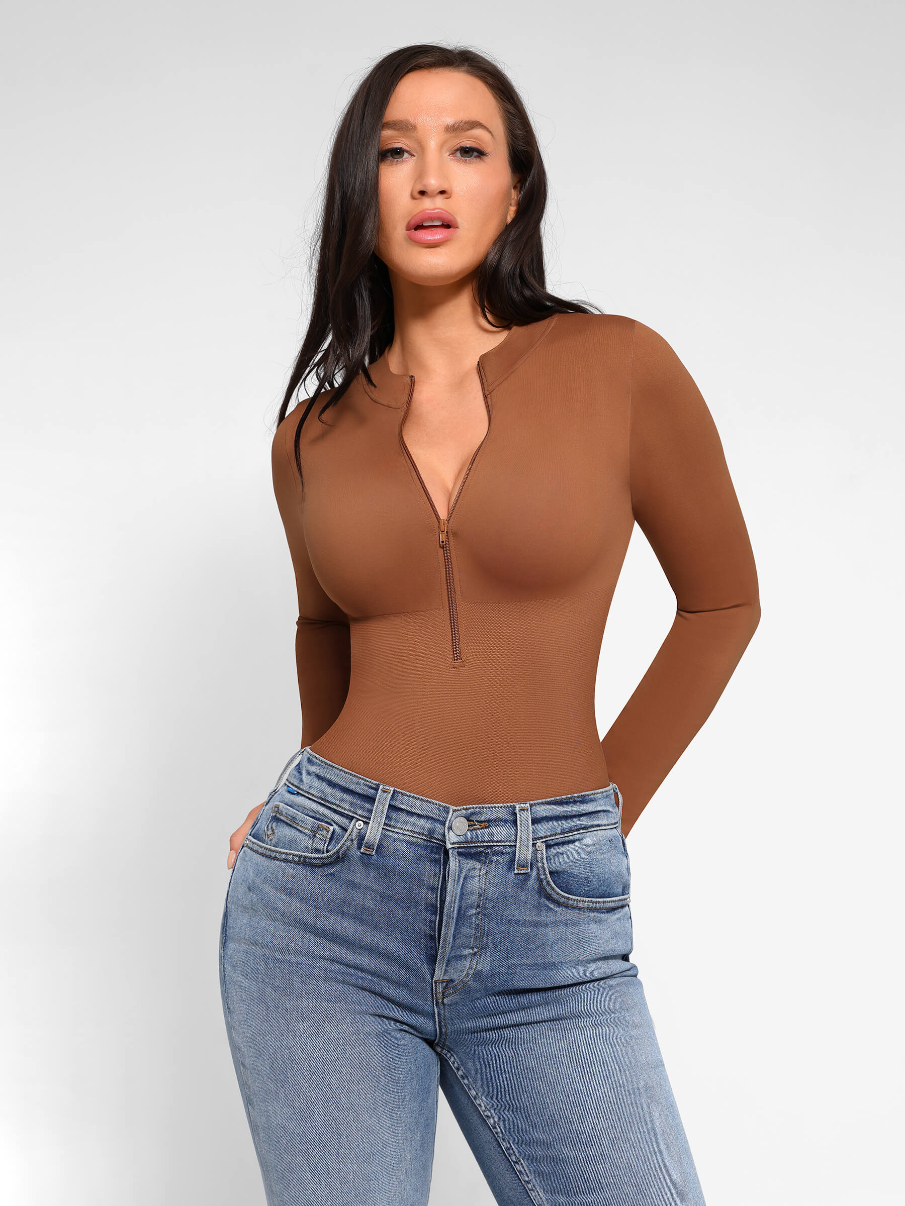 Feelingirl Seamless Long Sleeve Zipper Thong Bodysuit - Image 14