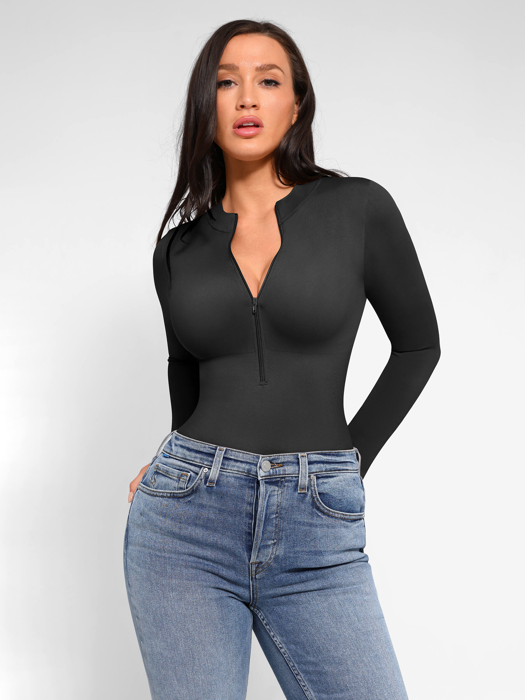 Feelingirl Seamless Long Sleeve Zipper Thong Bodysuit - Image 4