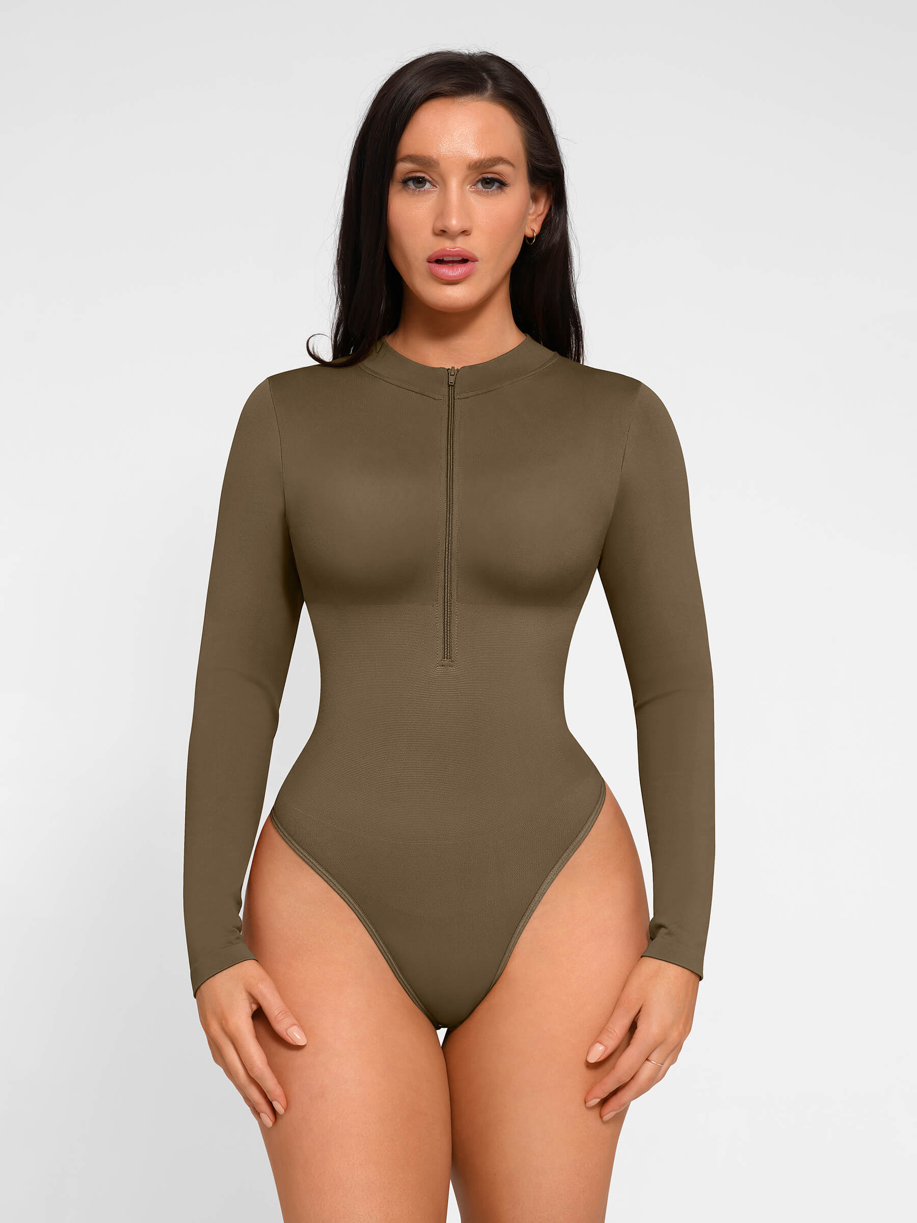 Feelingirl Seamless Long Sleeve Zipper Thong Bodysuit - Image 8