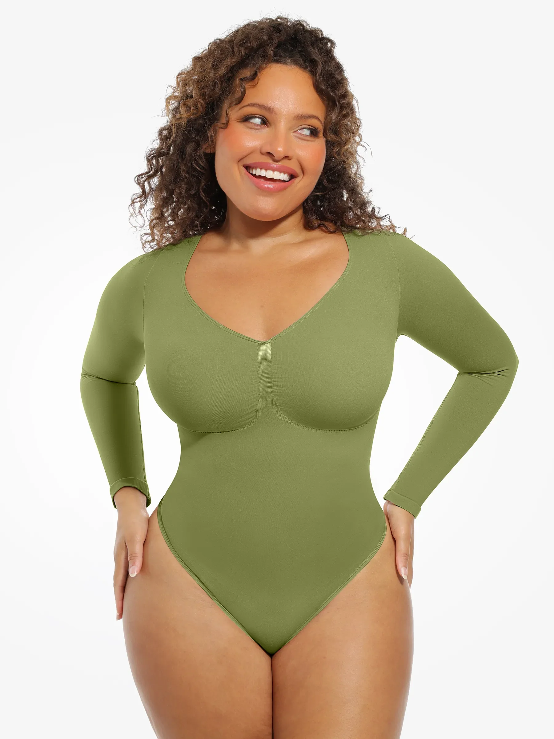 Feelingirl Seamless Long Sleeve Chest Support Tummy Control Thong Bodysuit - Image 73