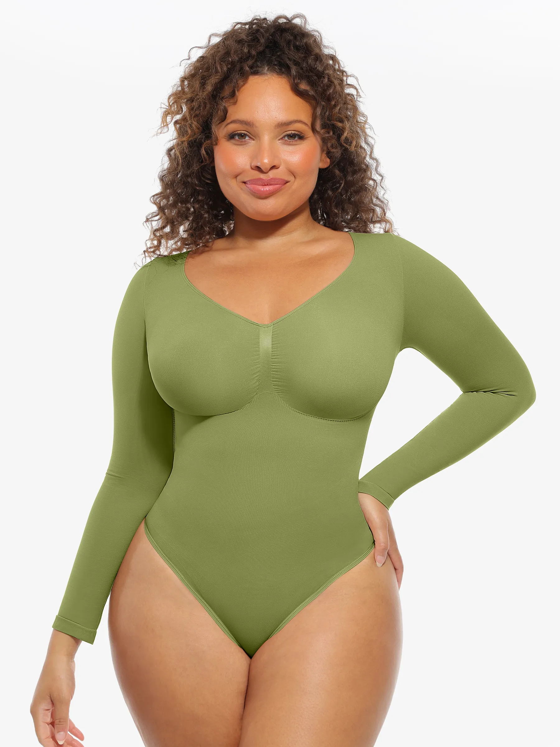 Feelingirl Seamless Long Sleeve Chest Support Tummy Control Thong Bodysuit - Image 69