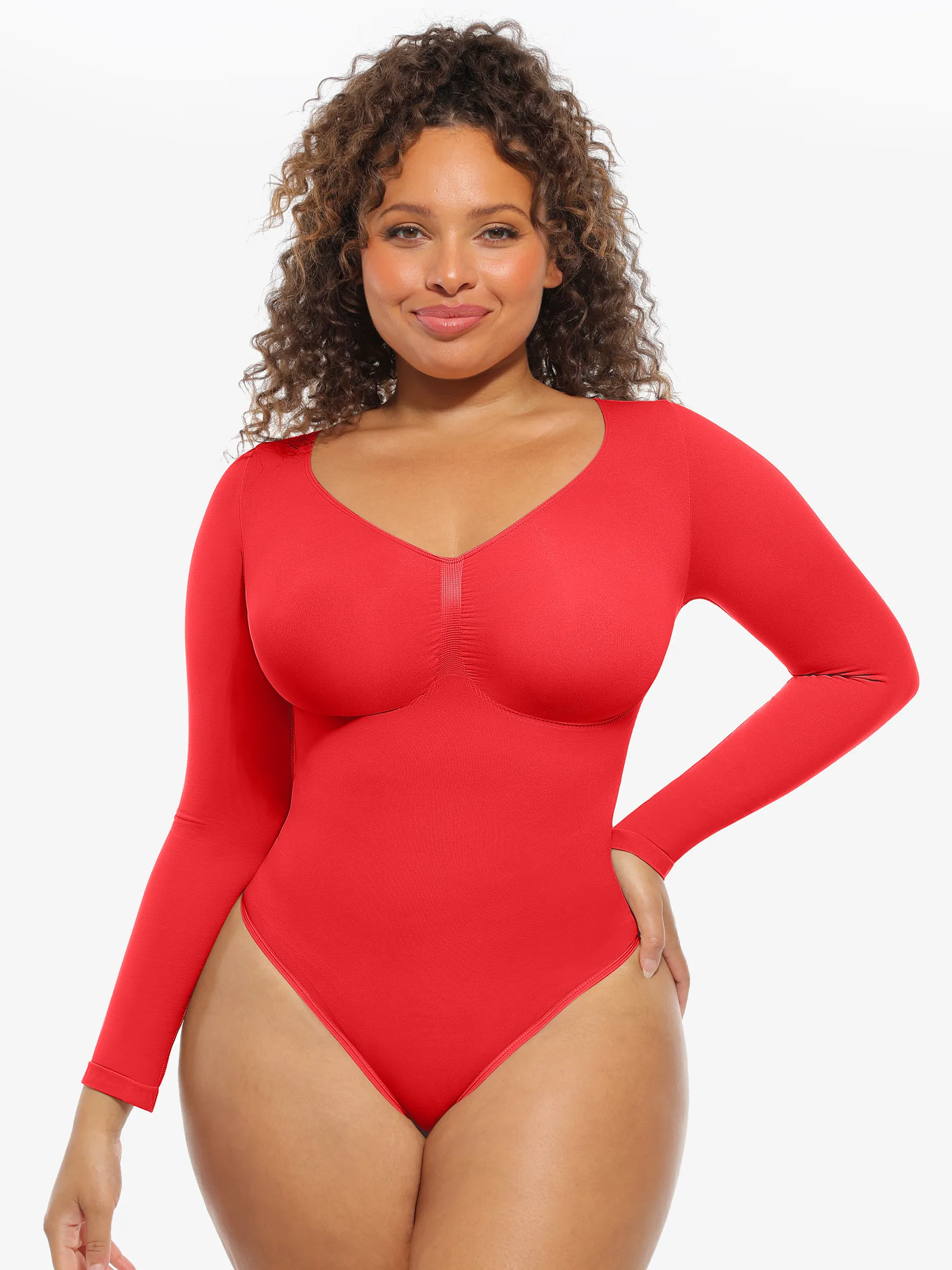 Feelingirl Seamless Long Sleeve Chest Support Tummy Control Thong Bodysuit - Image 56