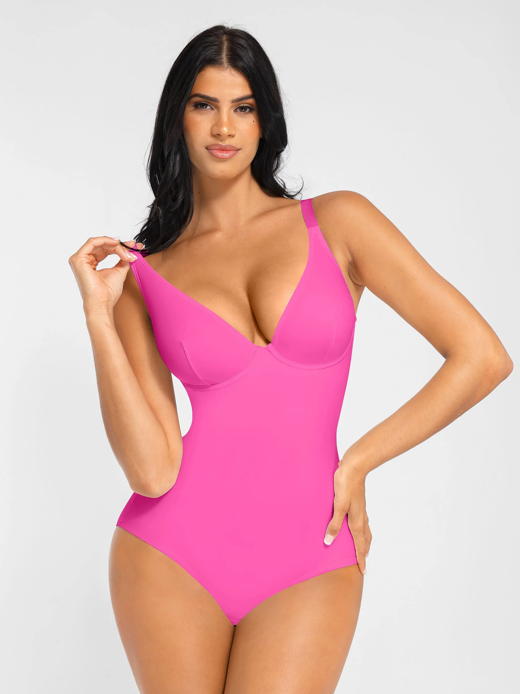 Feelingirl V Neck Adjustable Straps Tummy Control Bodysuit - Image 13