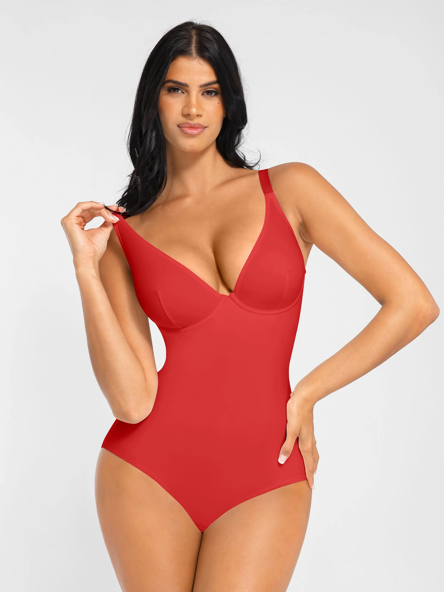 Feelingirl V Neck Adjustable Straps Tummy Control Bodysuit - Image 22
