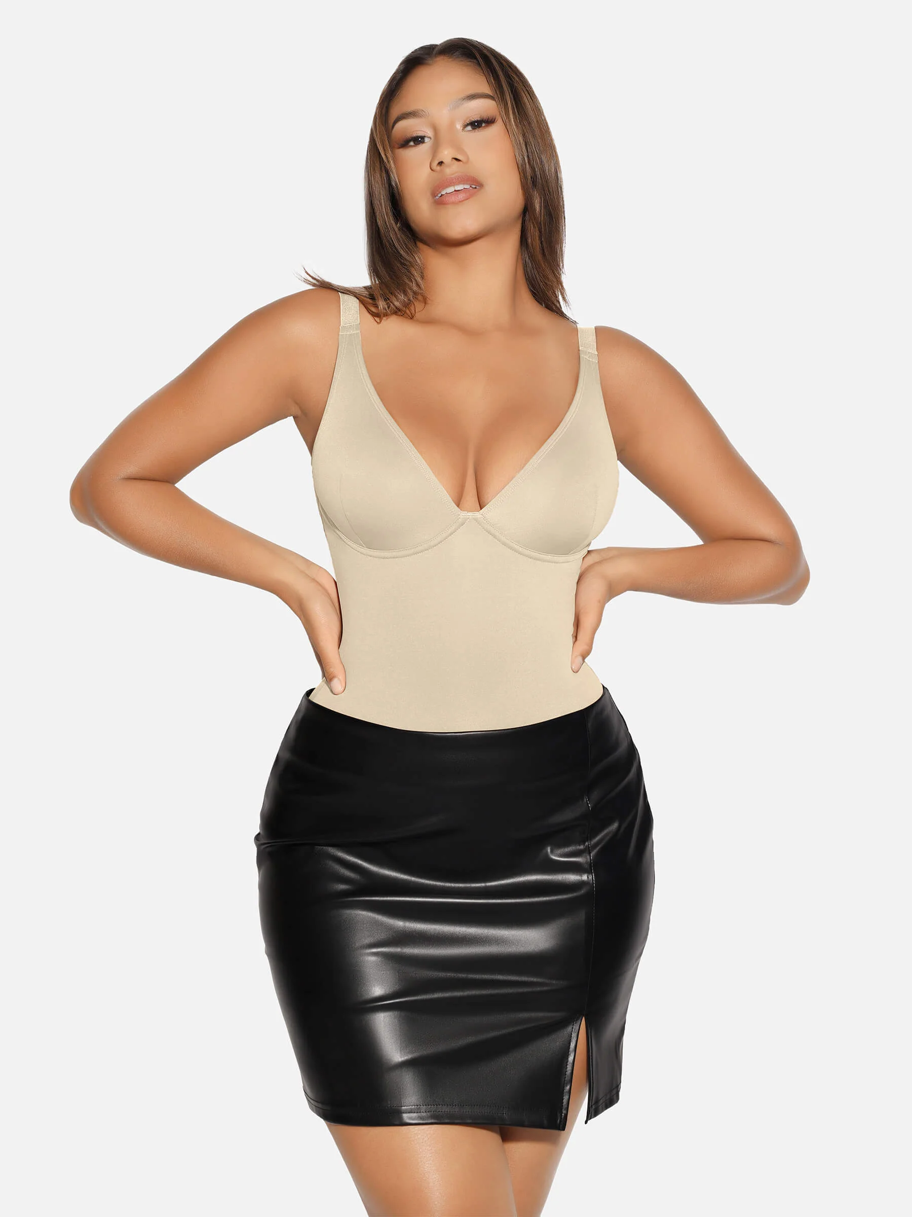 Feelingirl V Neck Tummy Control Shaping Bodysuit - Image 71