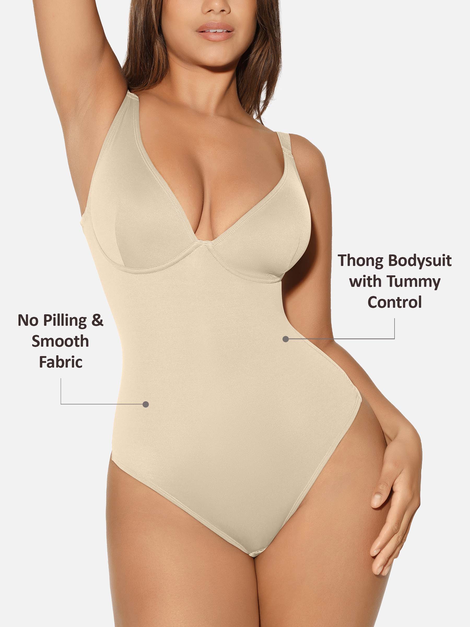 Feelingirl V Neck Tummy Control Shaping Bodysuit - Image 74