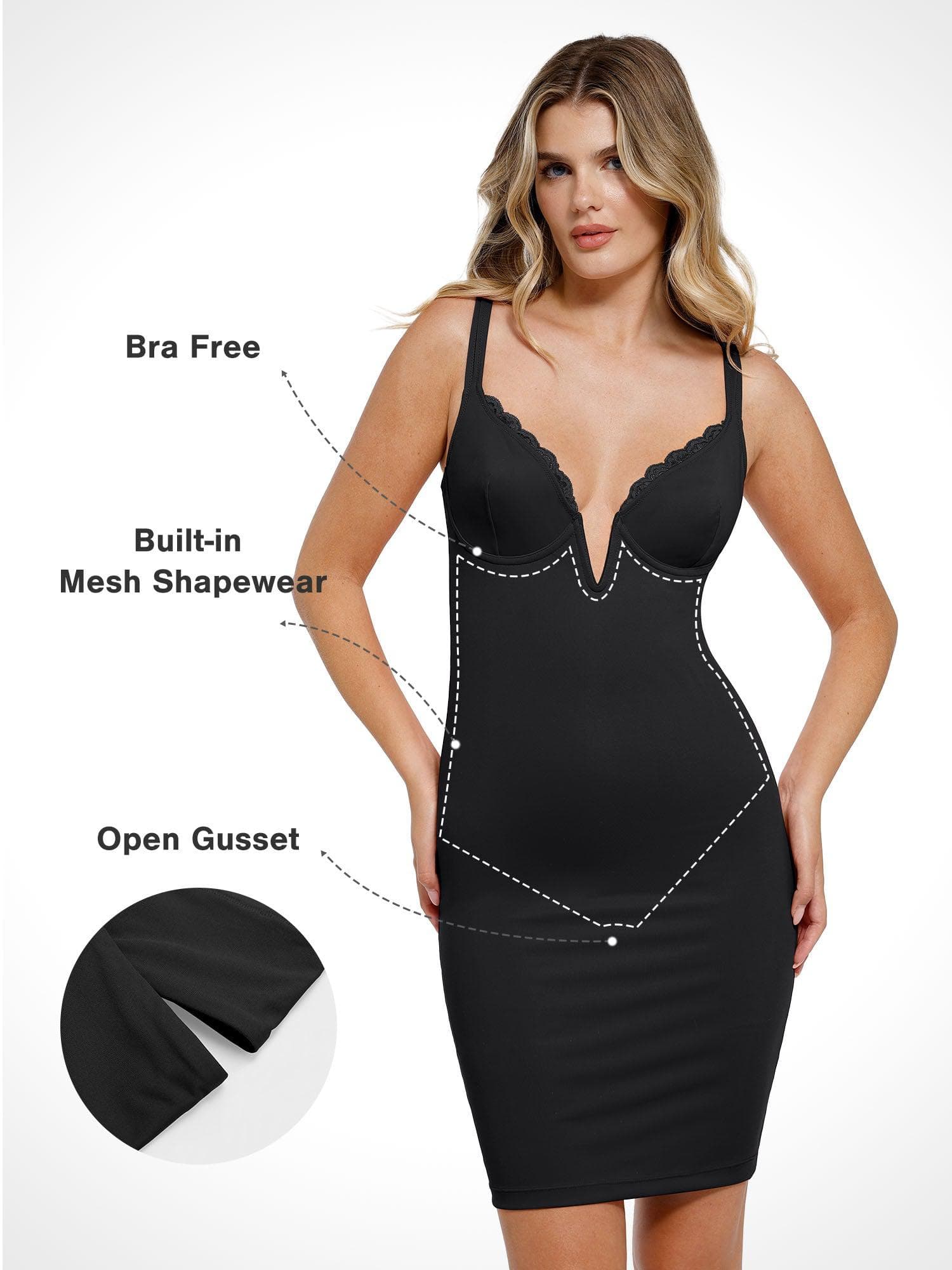 Popilush Shapewear Plunging V Lace Trim Bodycon Mini Dress - Image 9