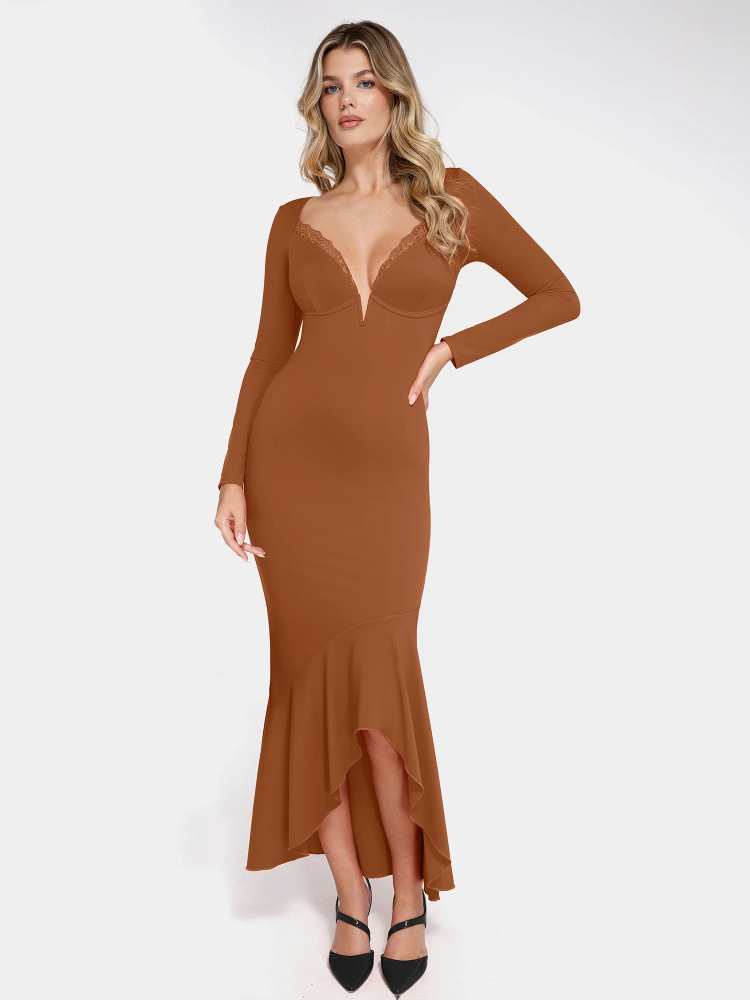 Popilush Shapewear Long Sleeve Lace Trim Sculpting Mermaid Maxi Dress - Image 16