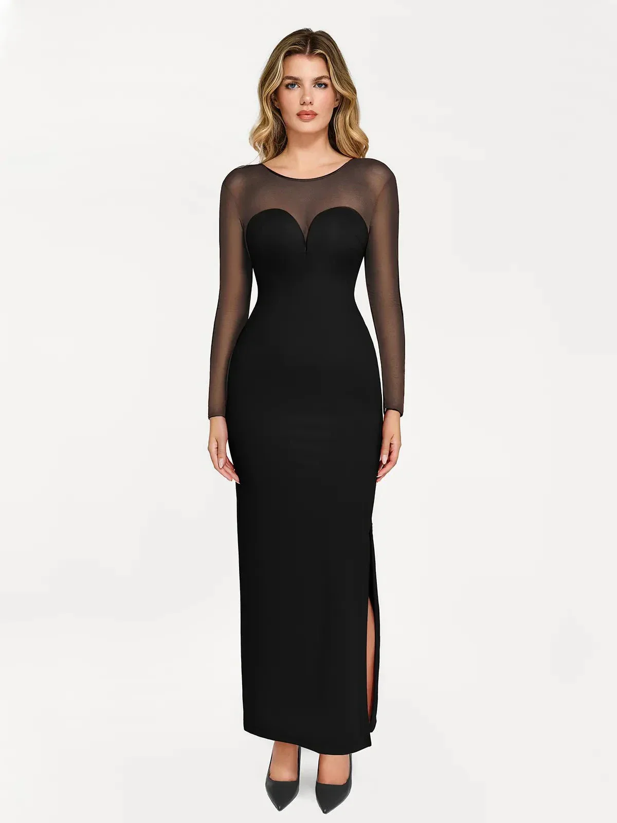 Popilush Shapewear Mesh Long Sleeve V-Back Slimming Maxi Dress - Image 17