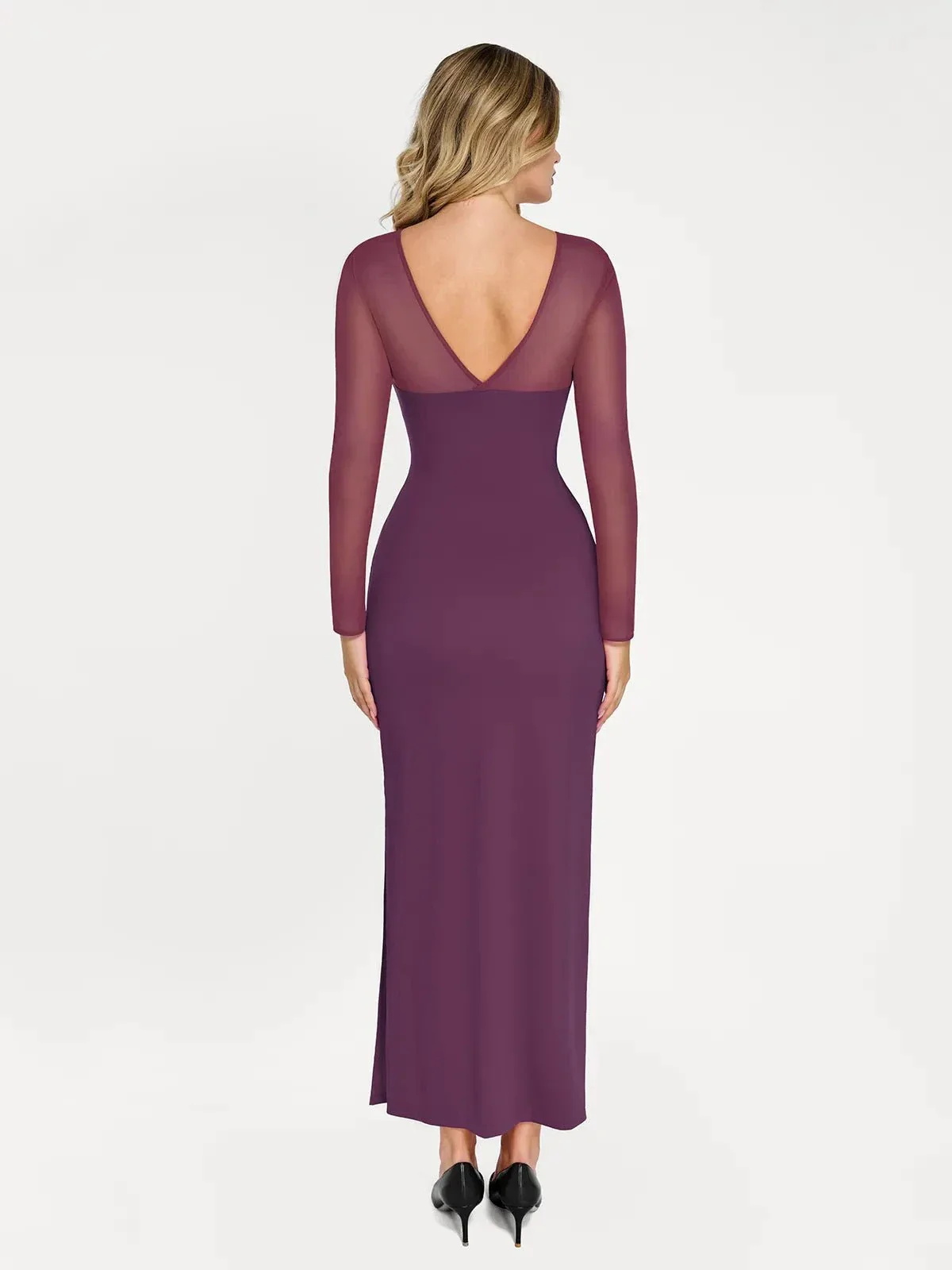Popilush Shapewear Mesh Long Sleeve V-Back Slimming Maxi Dress - Image 9