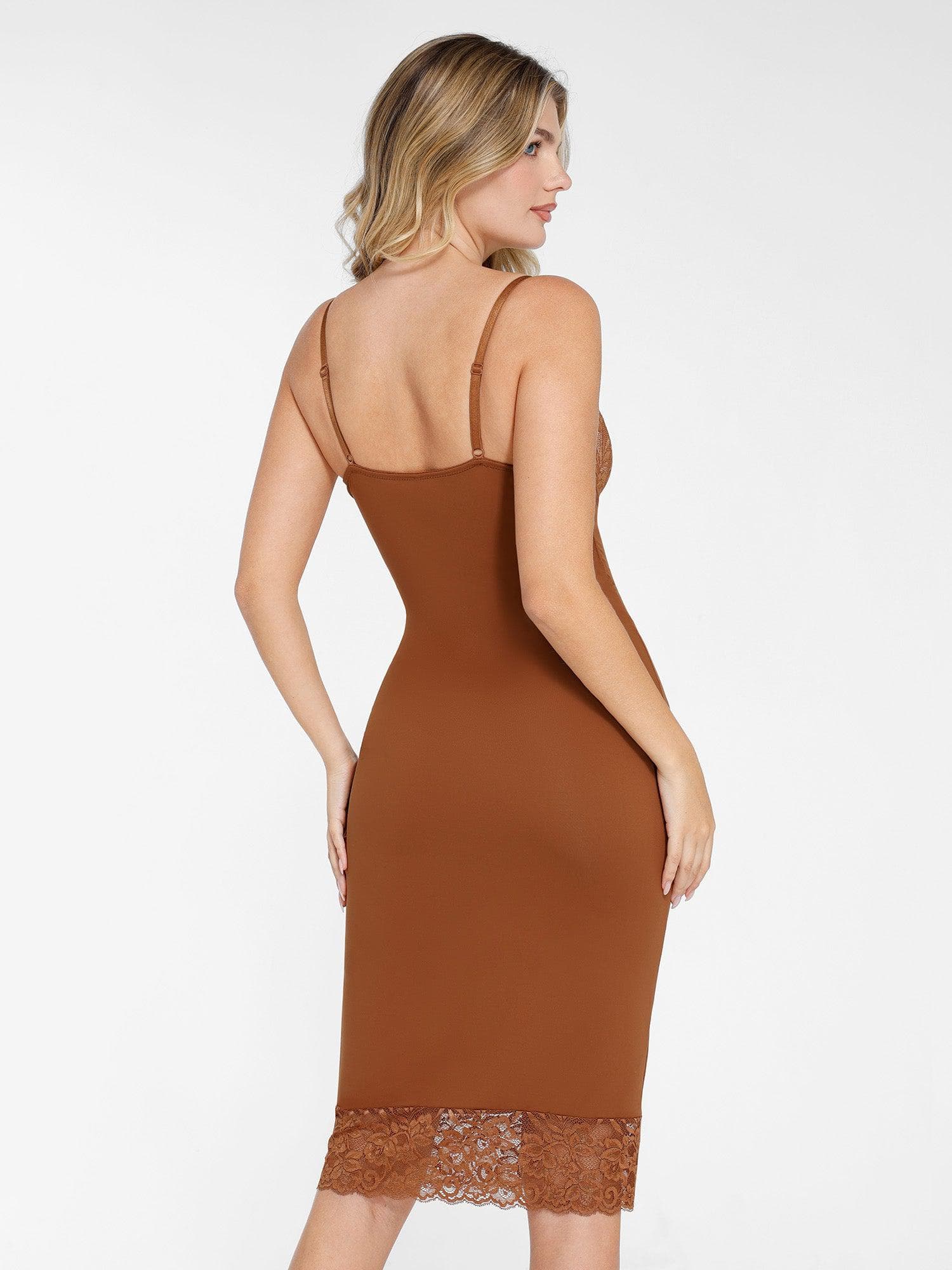 Popilush Shapewear Built-In Sculpting Lace Trim Midi Slip Dress - Image 18