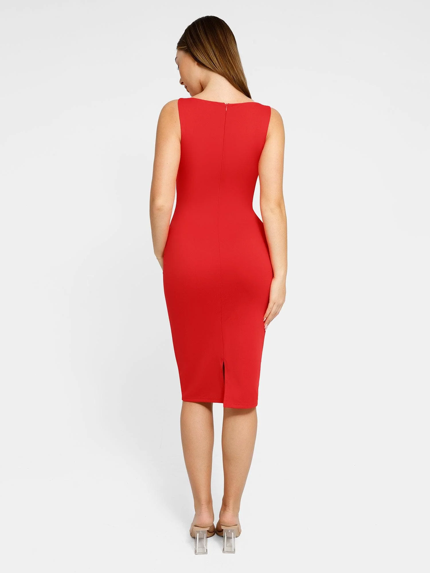 Popilush Shapewear Sleeveless Boatneck Sculpting Midi Work Dress - Image 24